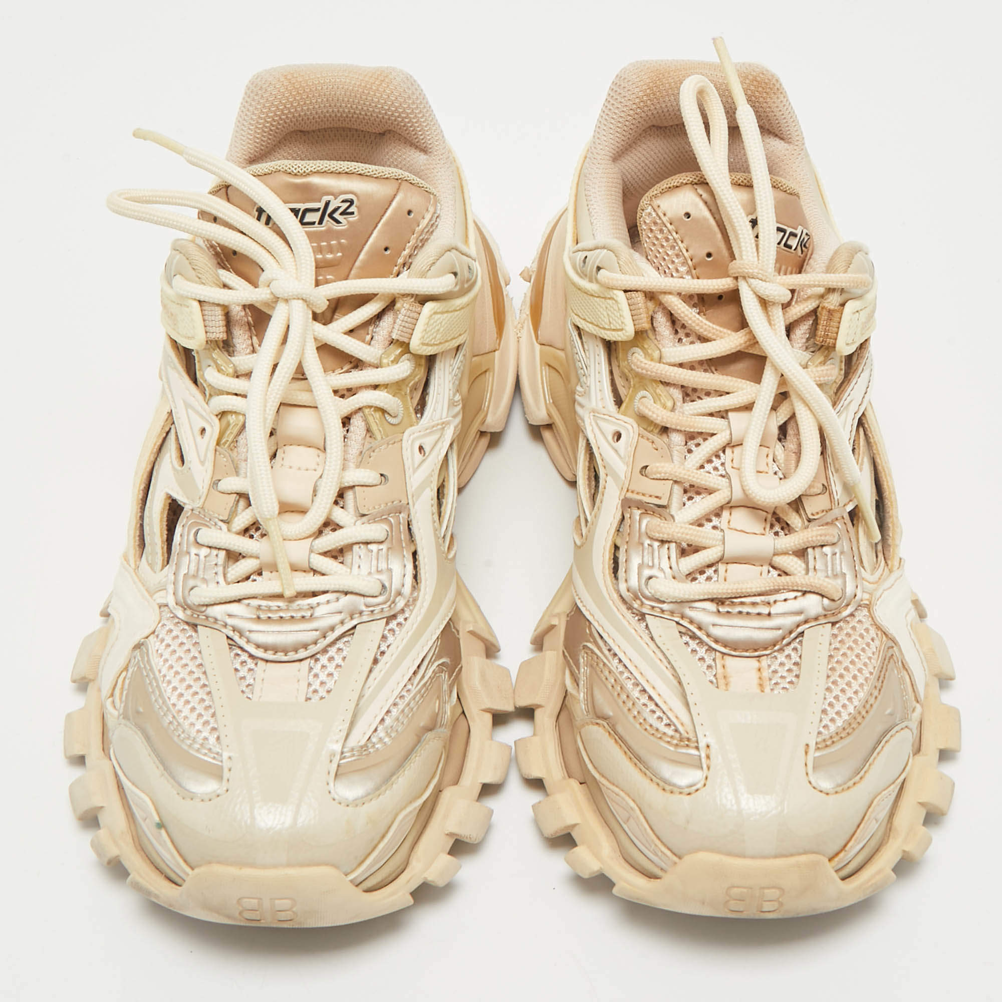 Pre Owned Balenciaga Beige Faux Leather and Mesh Track 2 Low Top Sneakers Size 38