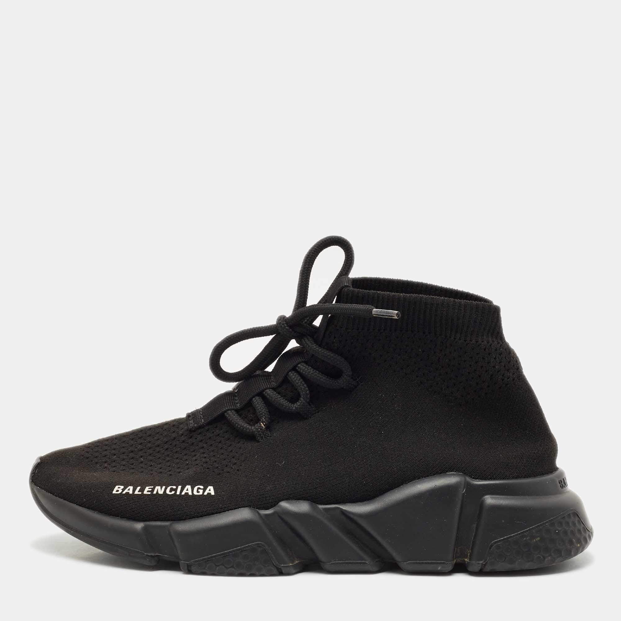 Balenciaga Black Knit Fabric Speed Trainer Sneakers Size 38