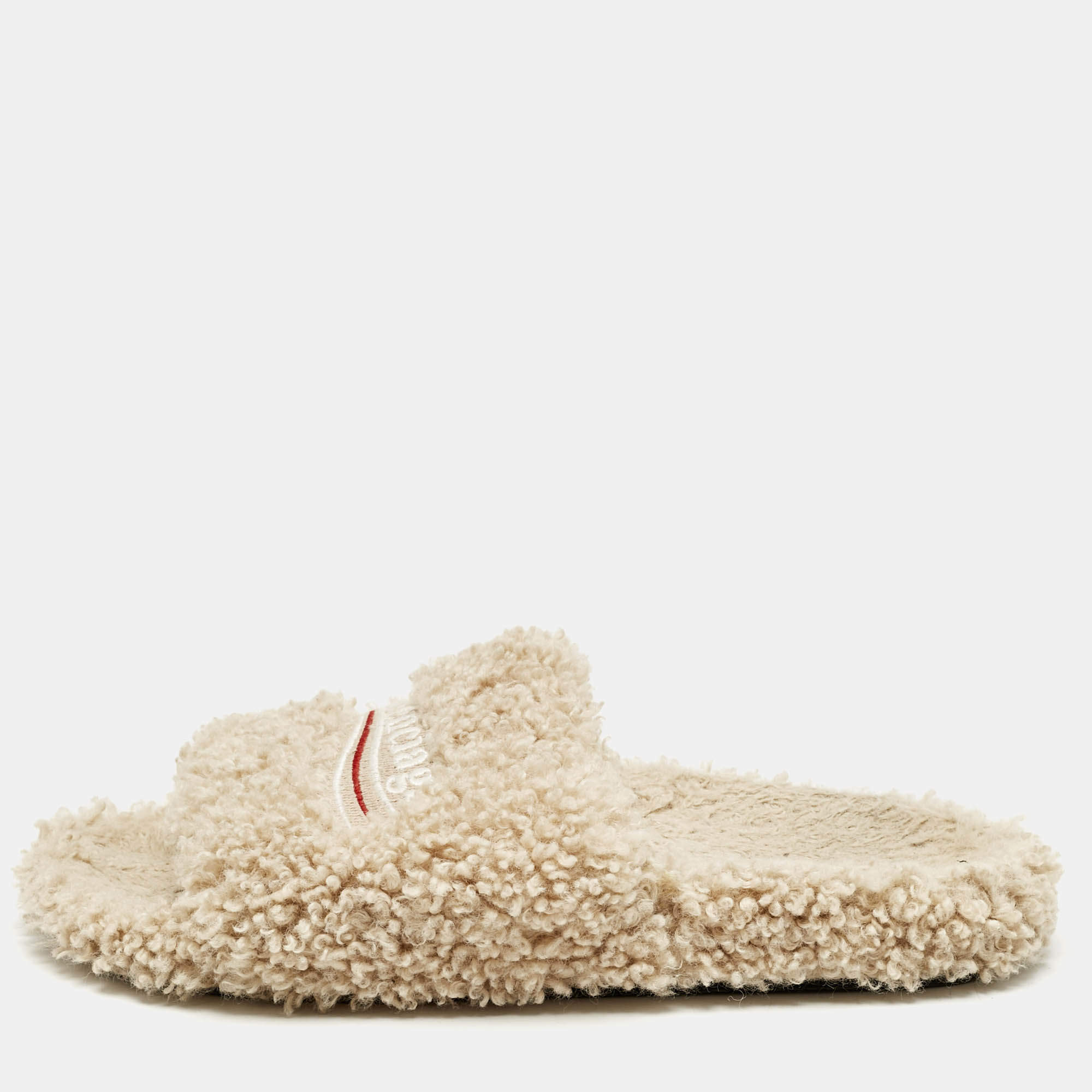 Balenciaga Beige Shearling Fur Furry Slide Sandals Size 39