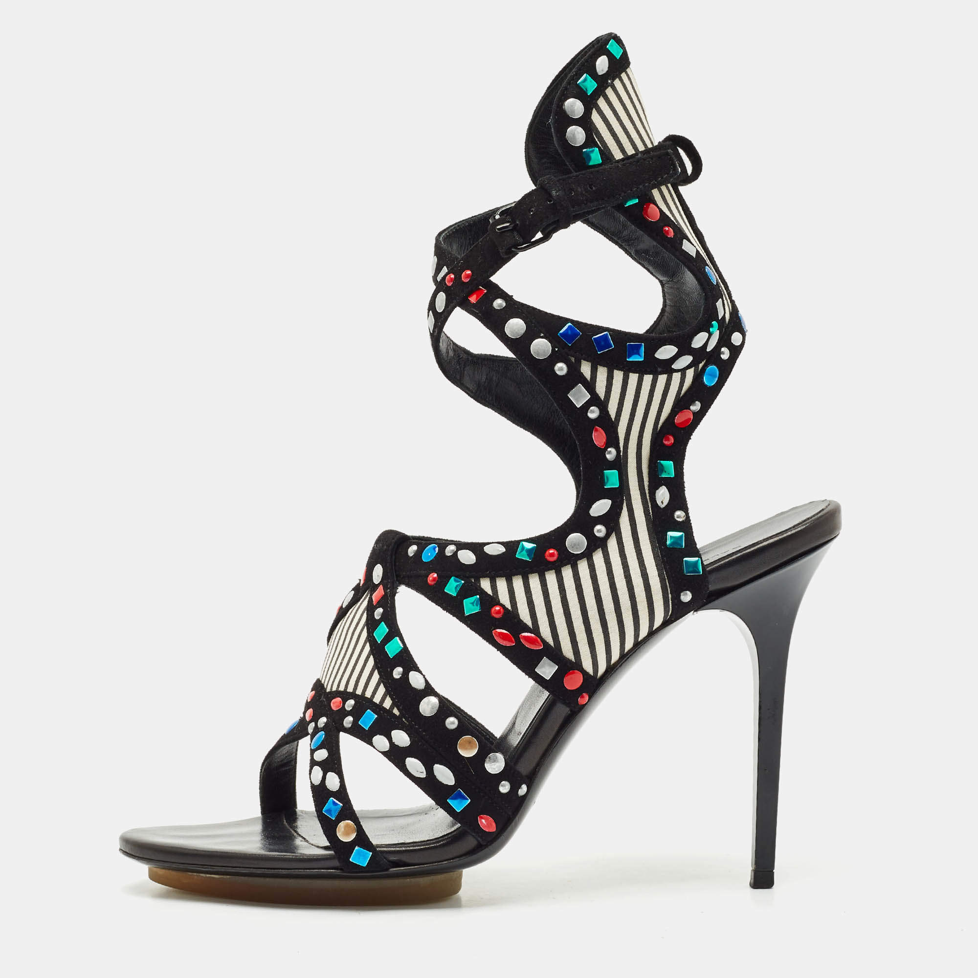 Balenciaga Multicolor Suede and Leather Cutout Ankle Wrap Sandals Size 40