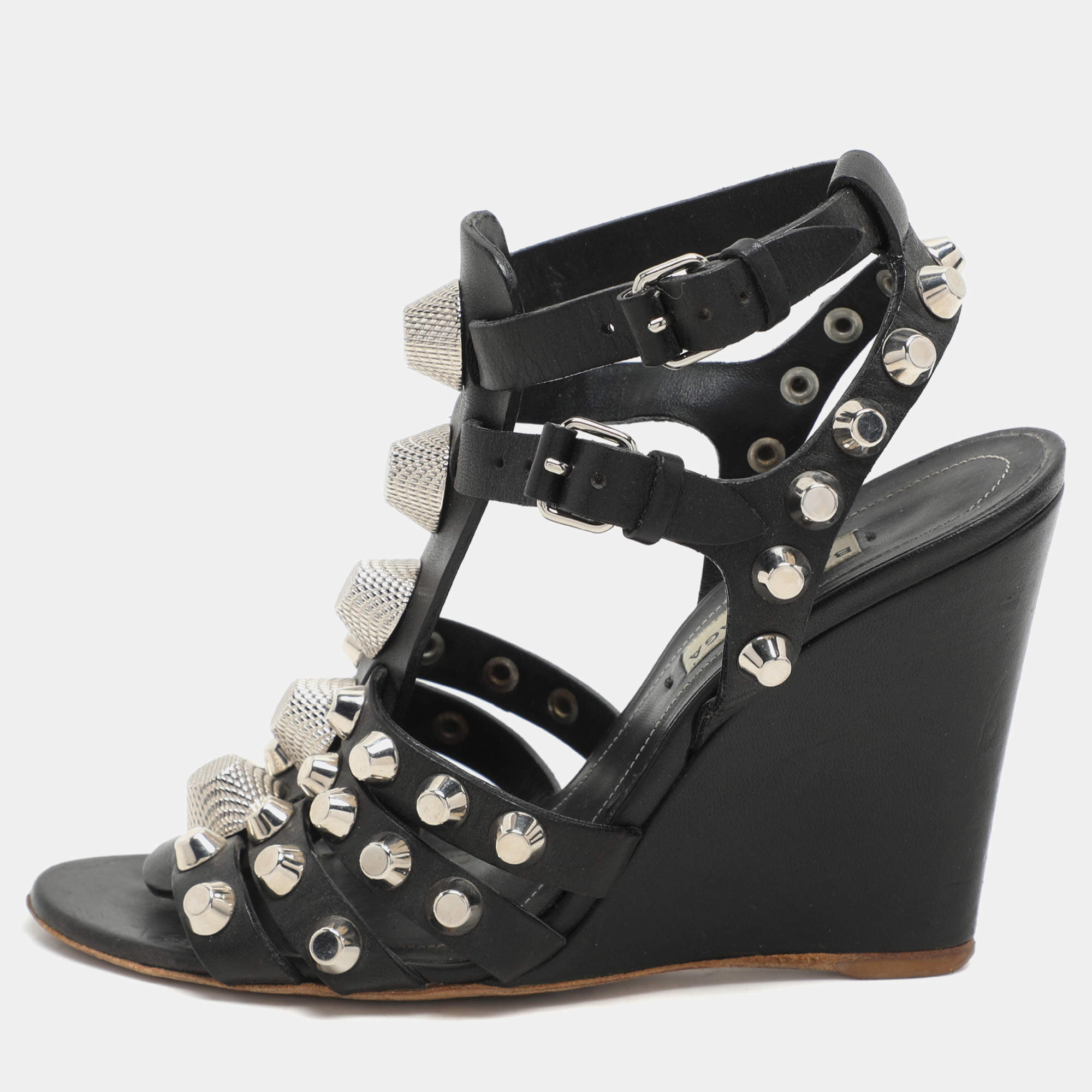 Balenciaga Black Leather Arena Wedge Sandals Size 35