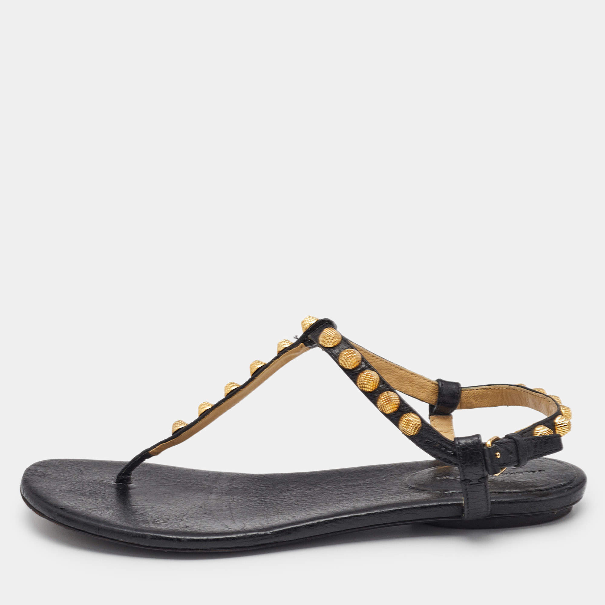 Pre Owned Balenciaga Black Leather Arena Studded Thong Flat Sandals Size 40.5