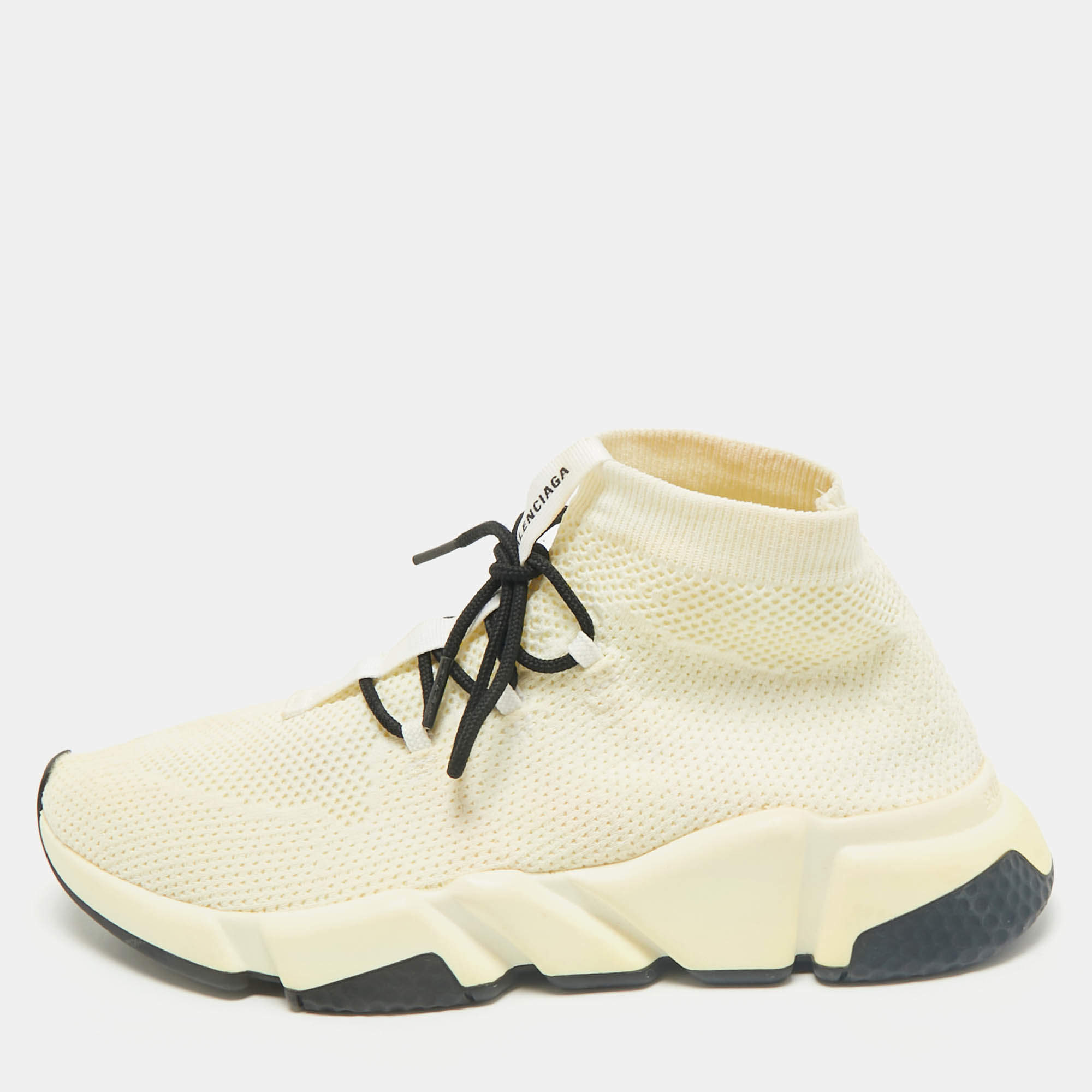 Pre Owned Balenciaga Cream Knit Fabric Speed Sock Lace Up Sneakers Size 39