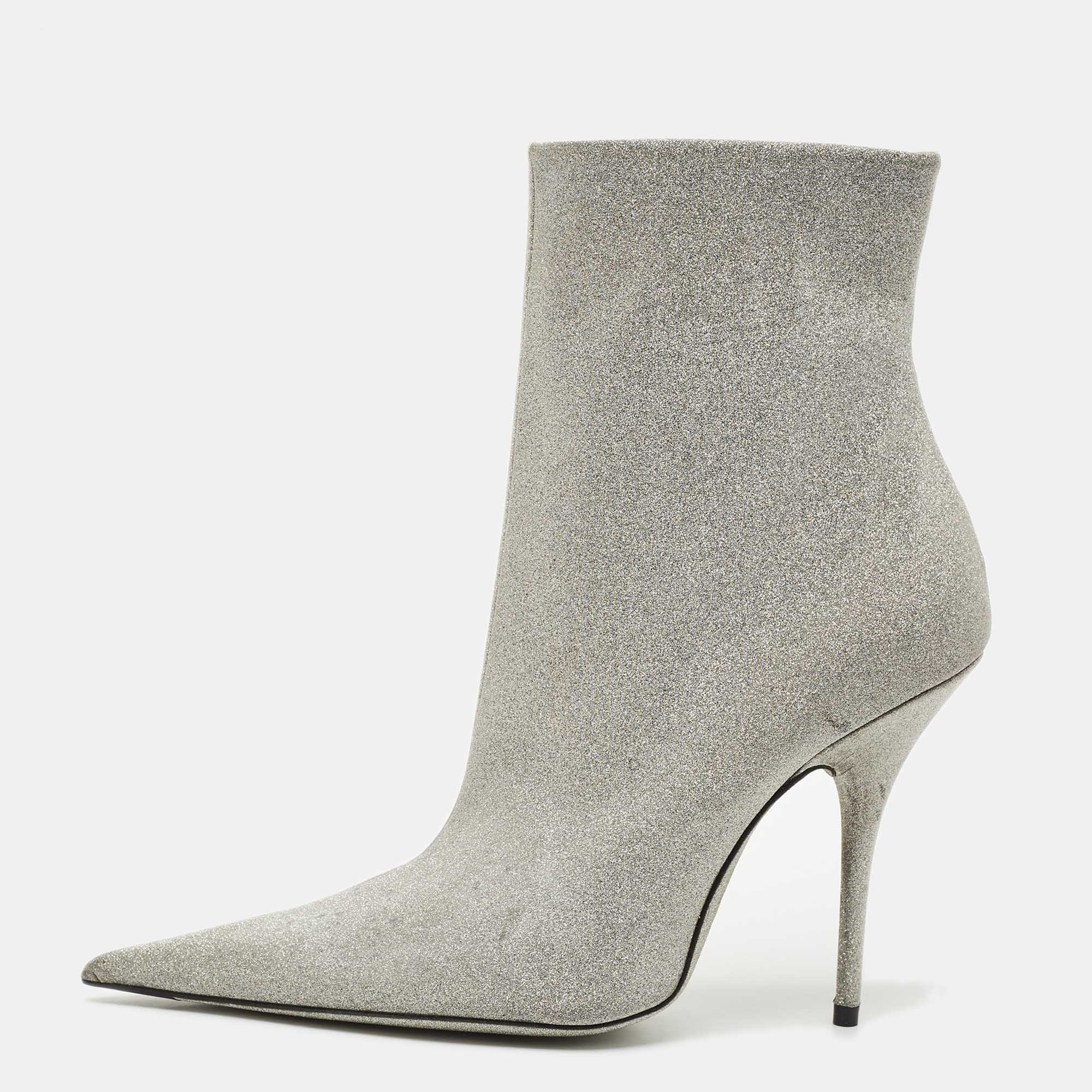 Pre Owned Balenciaga Silver Glitter Knife Pointed Toe Mid Calf Length Boots Size 39
