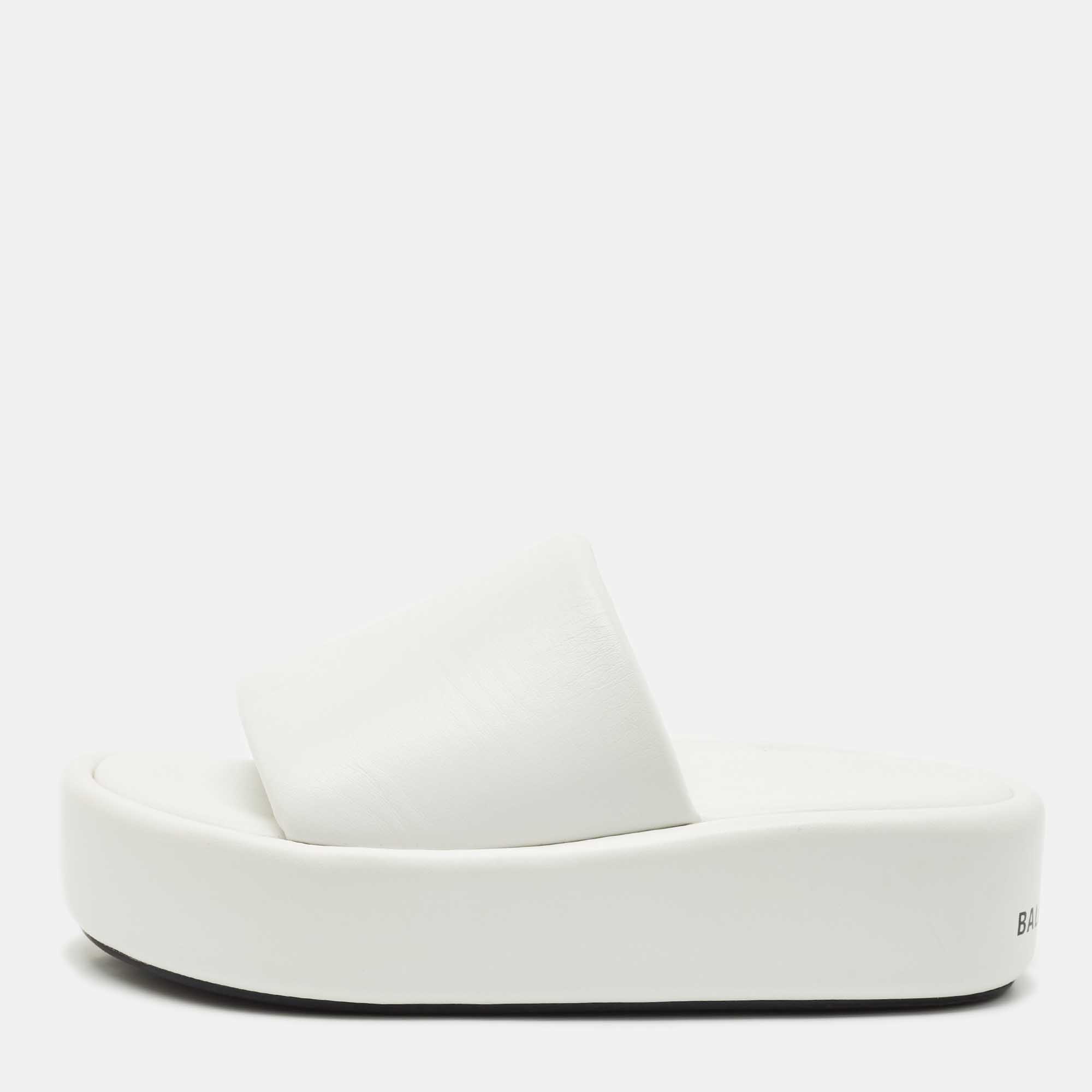 Pre Owned Balenciaga White Leather Rise Platform Slide Sandals Size 38
