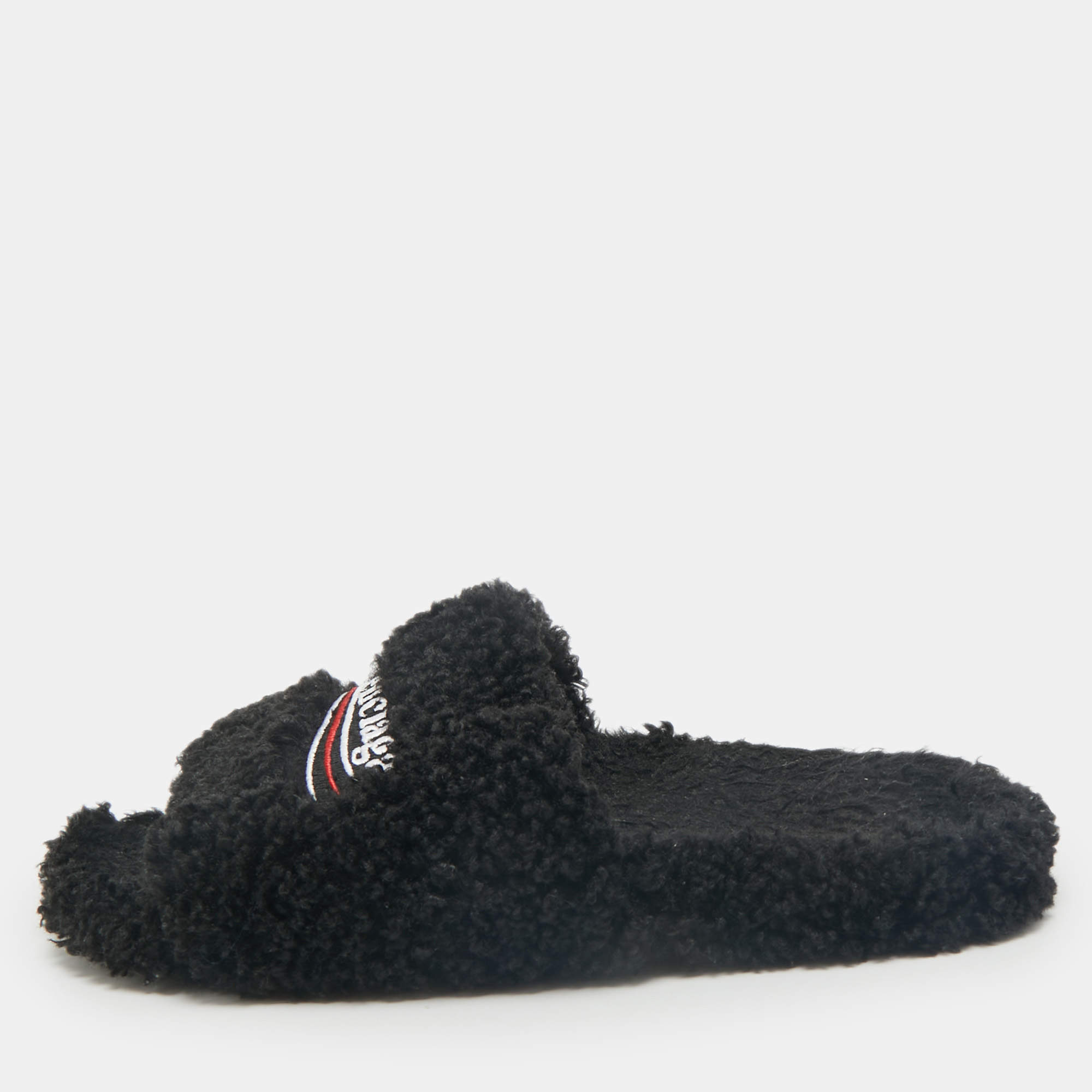 Balenciaga Black Faux Shearling Fur Furry Slide Sandals Size 42