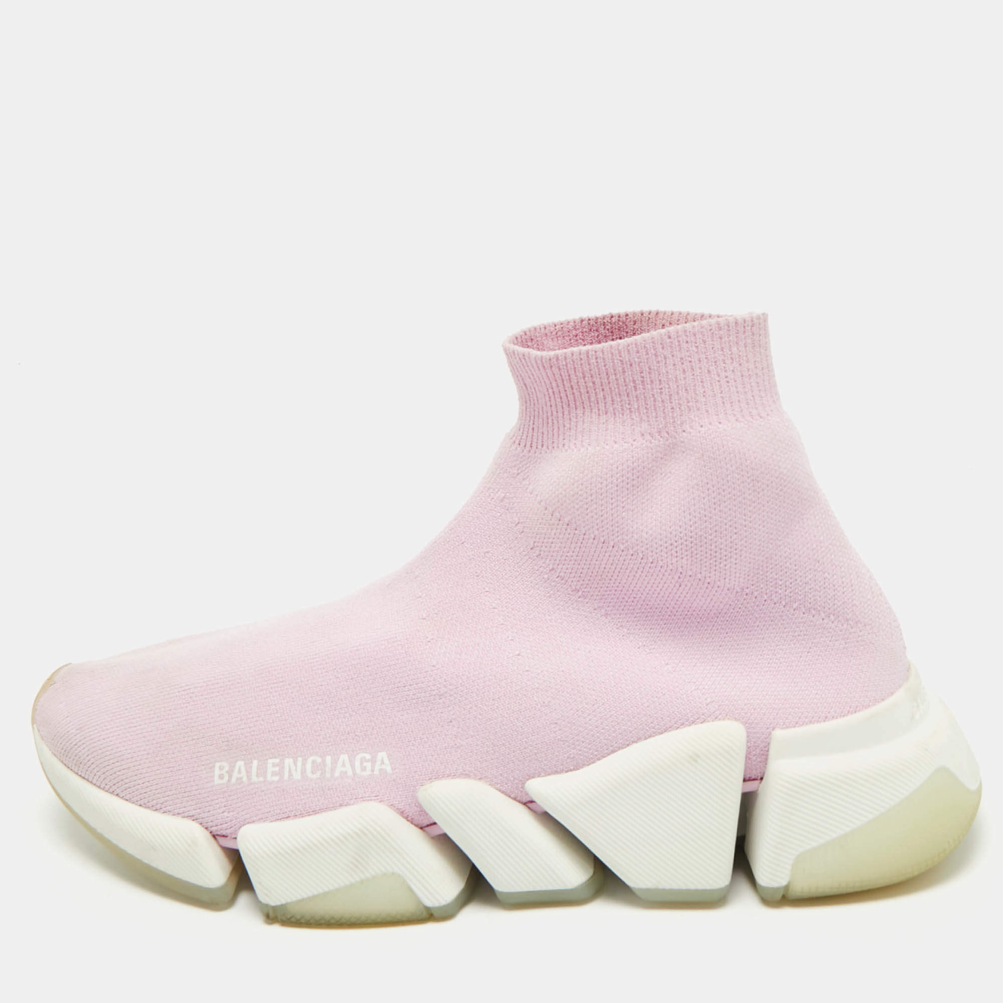 Pre Owned Balenciaga Pink Knit Fabric Speed Trainer Sneakers Size 37
