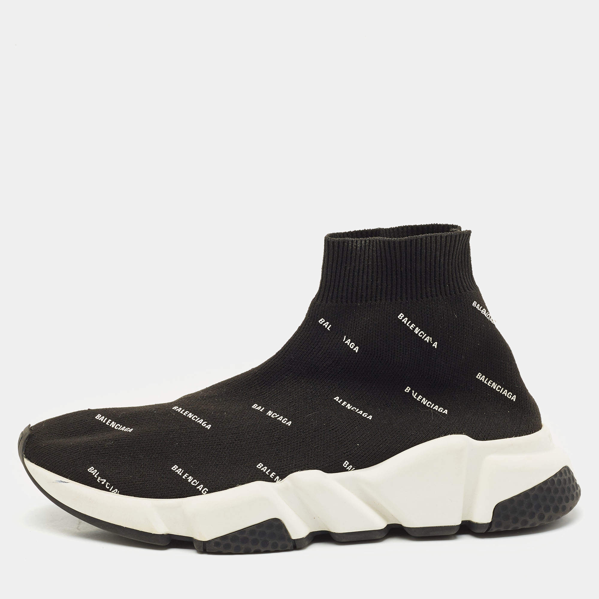 Balenciaga Black/White Knit Fabric Allover Logo Speed Trainer Sneakers Size 37