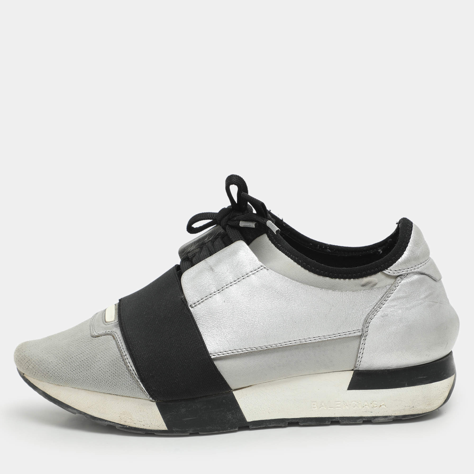 Pre Owned Balenciaga Grey/Silver Knit Fabric and Leather Race Runner Low Top Sneakers Size 37