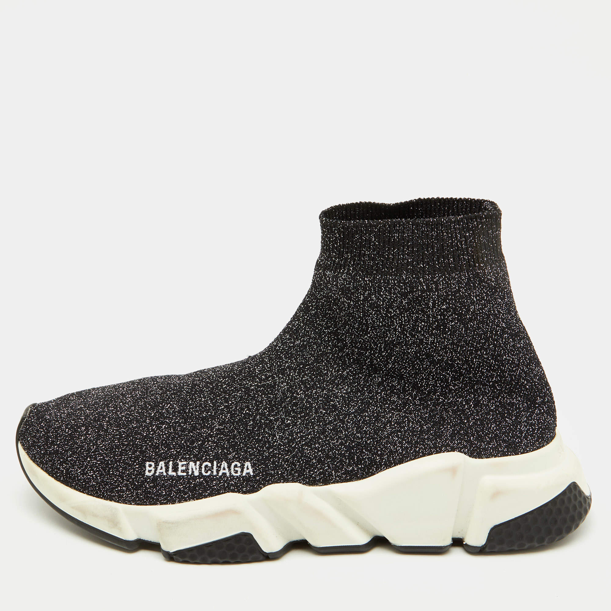 Balenciaga Shimmery Black Metallic Knit Fabric Speed Trainer Sneakers Size 39