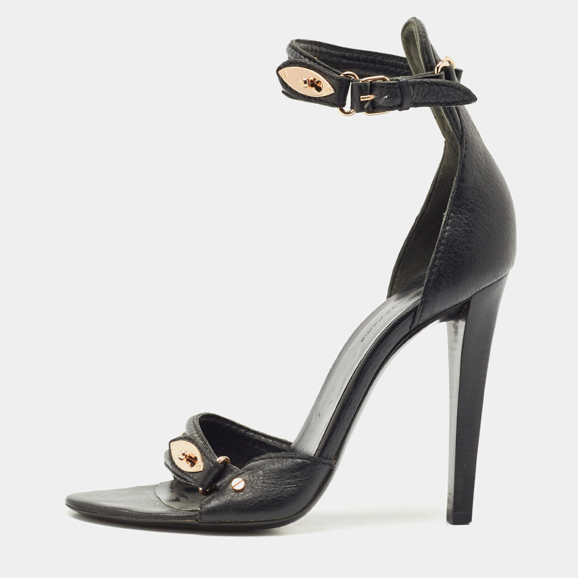 Pre Owned Balenciaga Black Leather Buckle Detail Ankle Strap Sandals Size 39