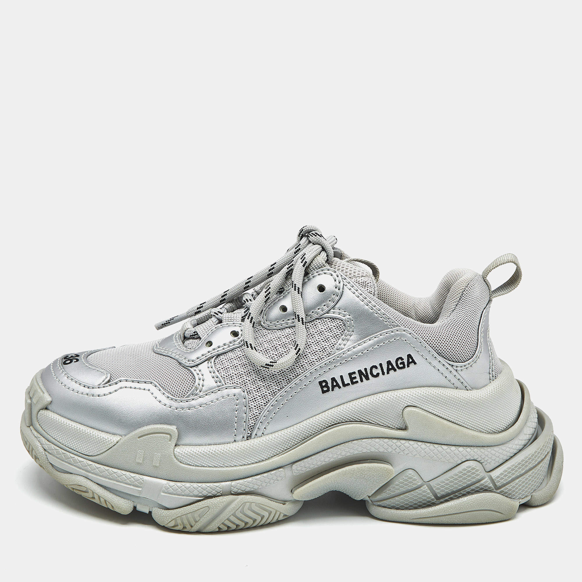 Pre Owned Balenciaga Silver Faux Leather and Mesh Triple S Sneakers Size 36