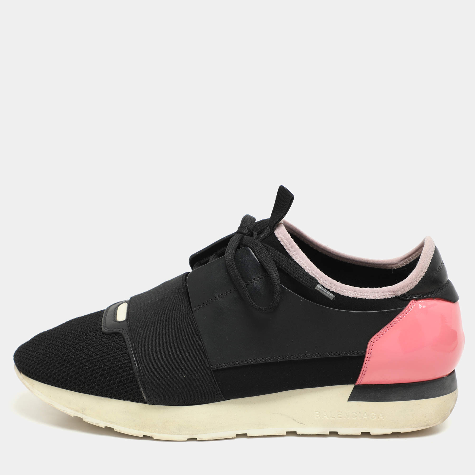 Pre Owned Balenciaga Black/Pink Leather and Mesh Race Runner Low Top Sneakers Size 40