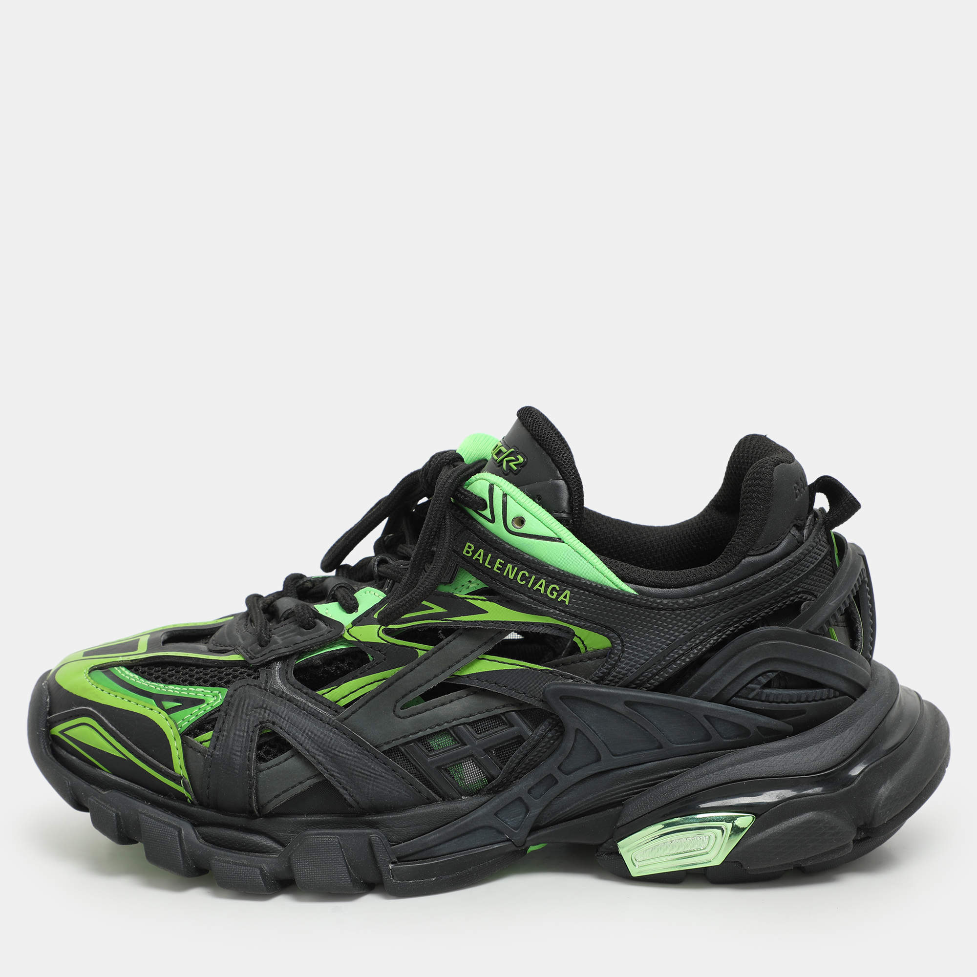 Pre Owned Balenciaga Black/Green Leather and Mesh Track 2 Sneakers Size 37
