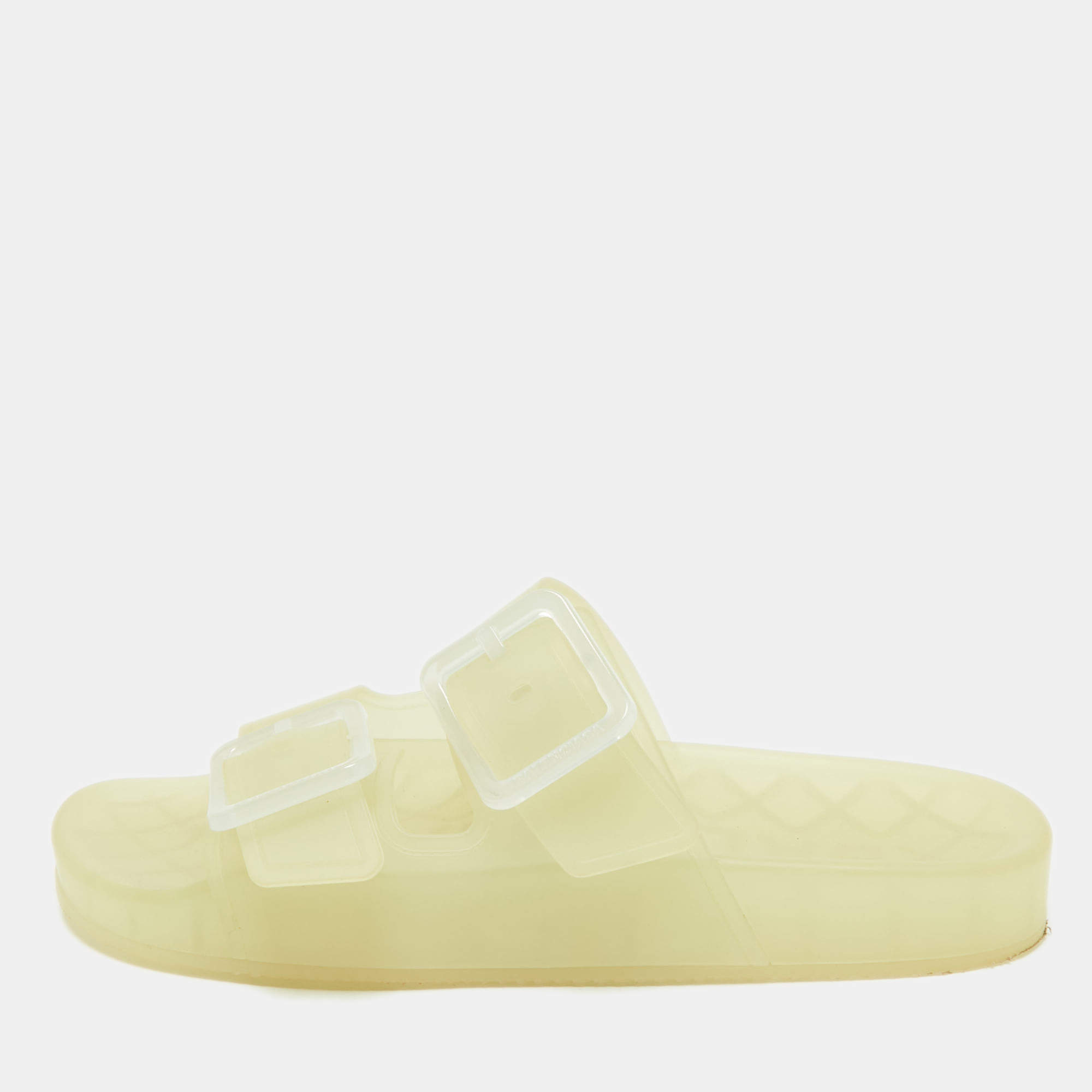 Pre Owned Balenciaga Cream Rubber Double Buckle Detail Flat Sandals Size 38