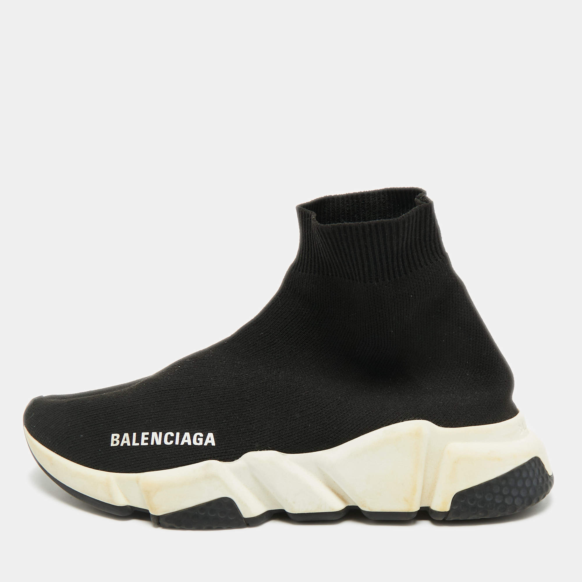 Pre Owned Balenciaga Black Knit Fabric Speed Trainer Slip On Sneakers Size 36