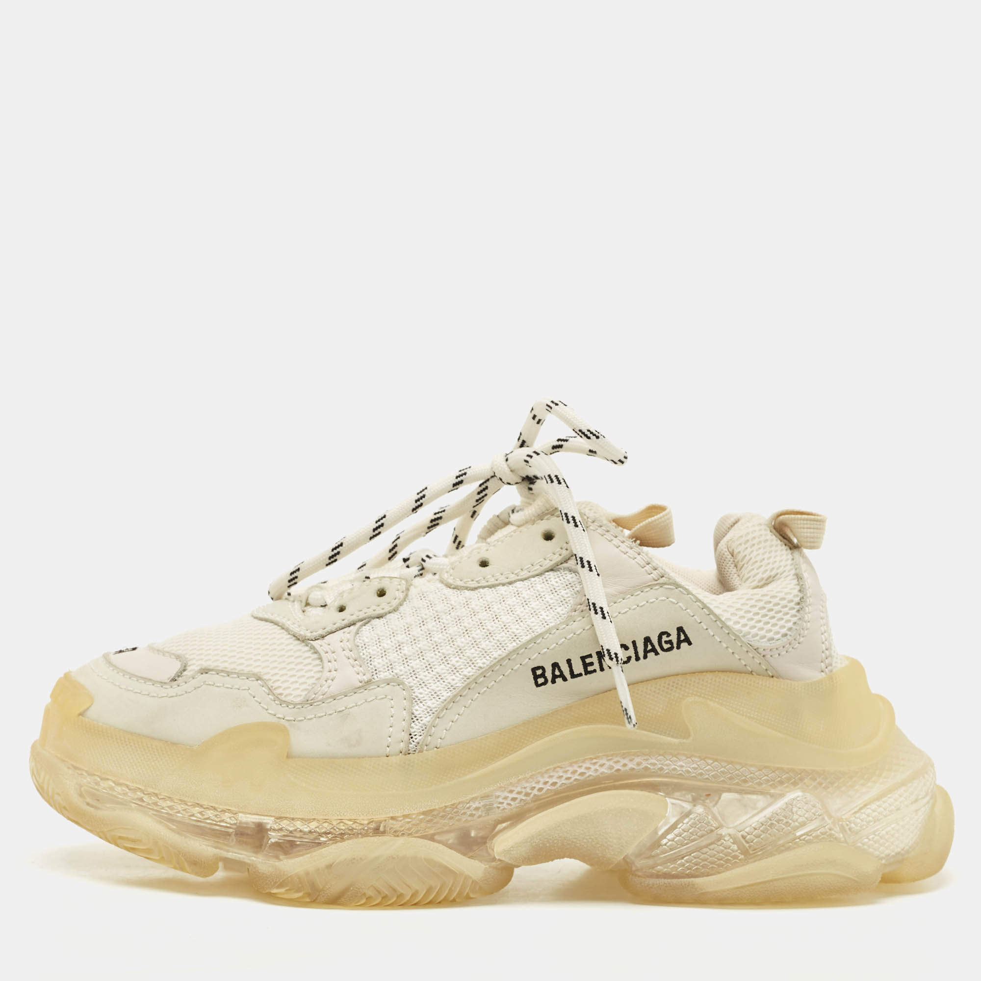 Pre Owned Balenciaga White Faux Leather and Mesh Triple S Clear Sole Sneakers Size 37
