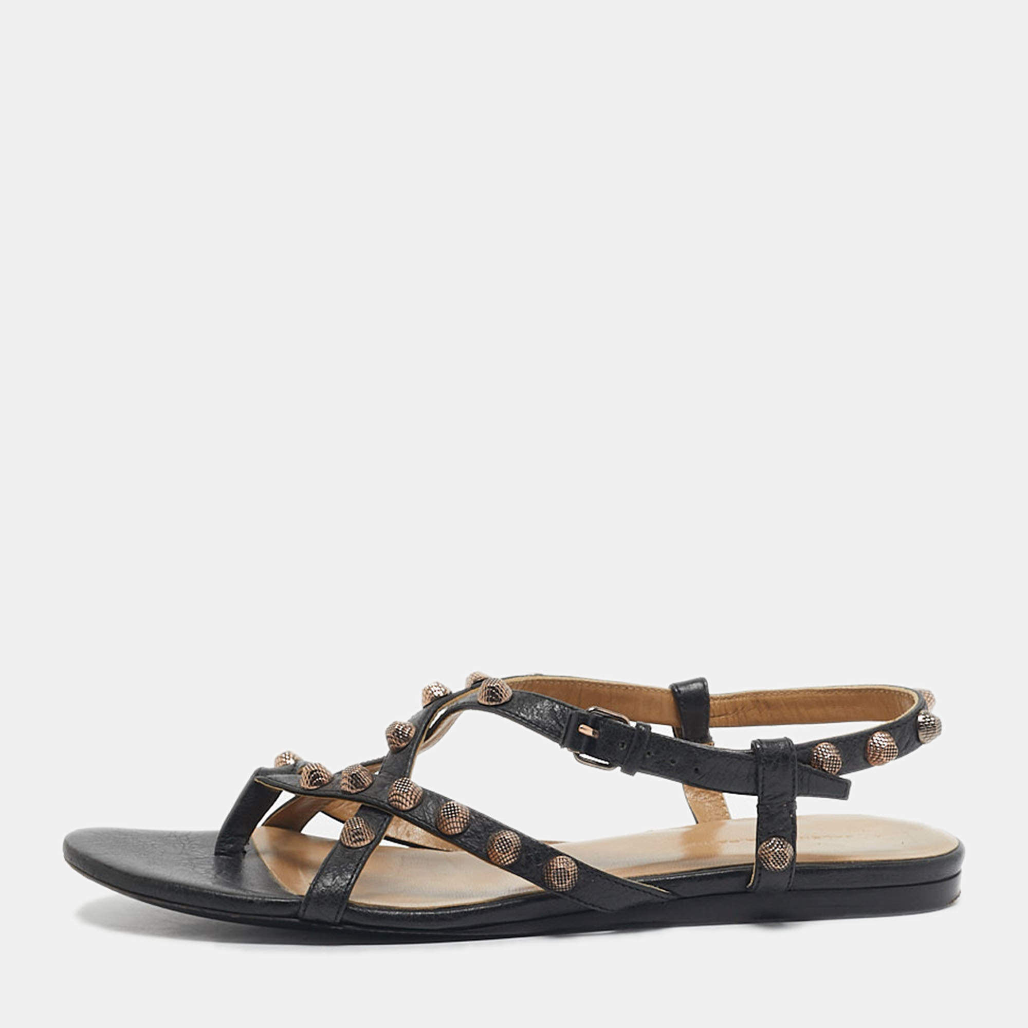 Pre Owned Balenciaga Black Leather studded Arena Ankle Strap  Flat Sandals Size 39.5