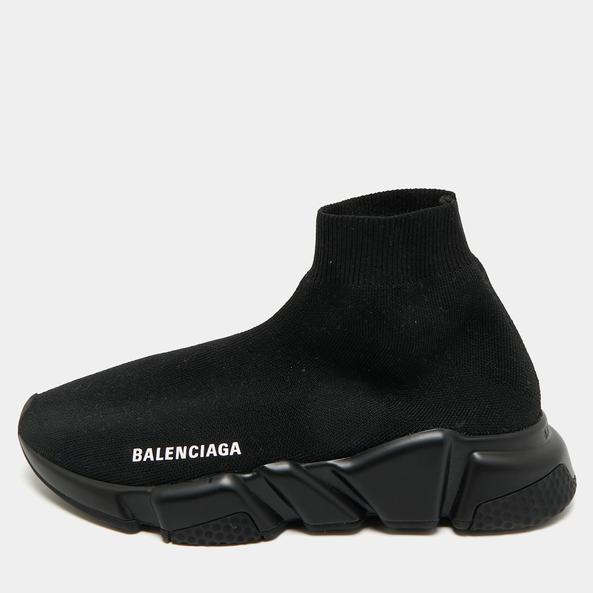 Pre Owned Balenciaga Black Knit Fabric Speed Trainer High-Top Sneakers Size 37