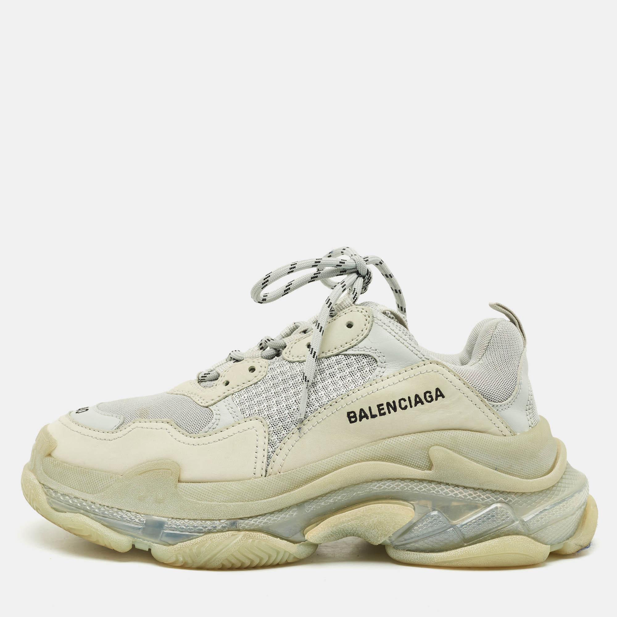 Pre Owned Balenciaga Grey Leather and Mesh Triple S Sneakers Size 40