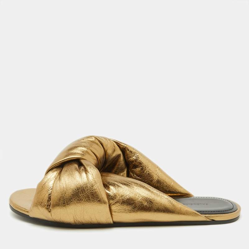 Pre Owned Balenciaga Gold Leather Drappy Flat Slides Size 37