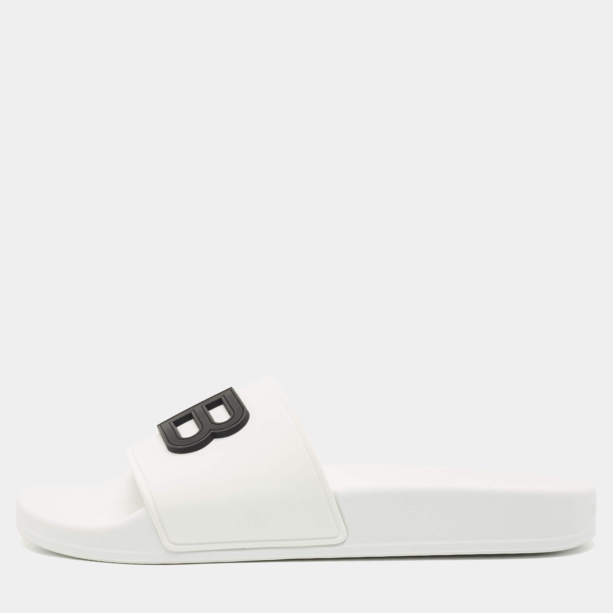 Pre Owned Balenciaga White Rubber BB Pool Slide Sandals Size 37