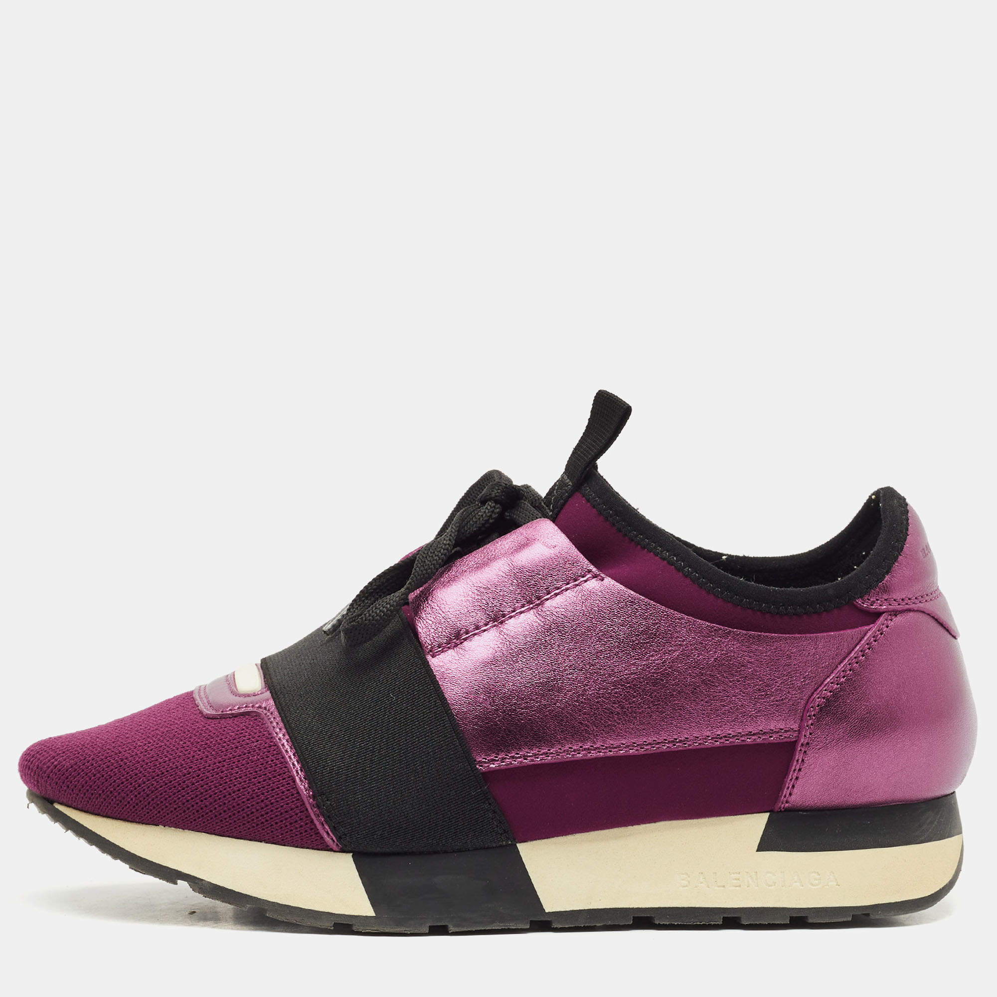 Pre Owned Balenciaga Purple/Black Leather and Fabric Race Runner Low Top Sneakers Size 36