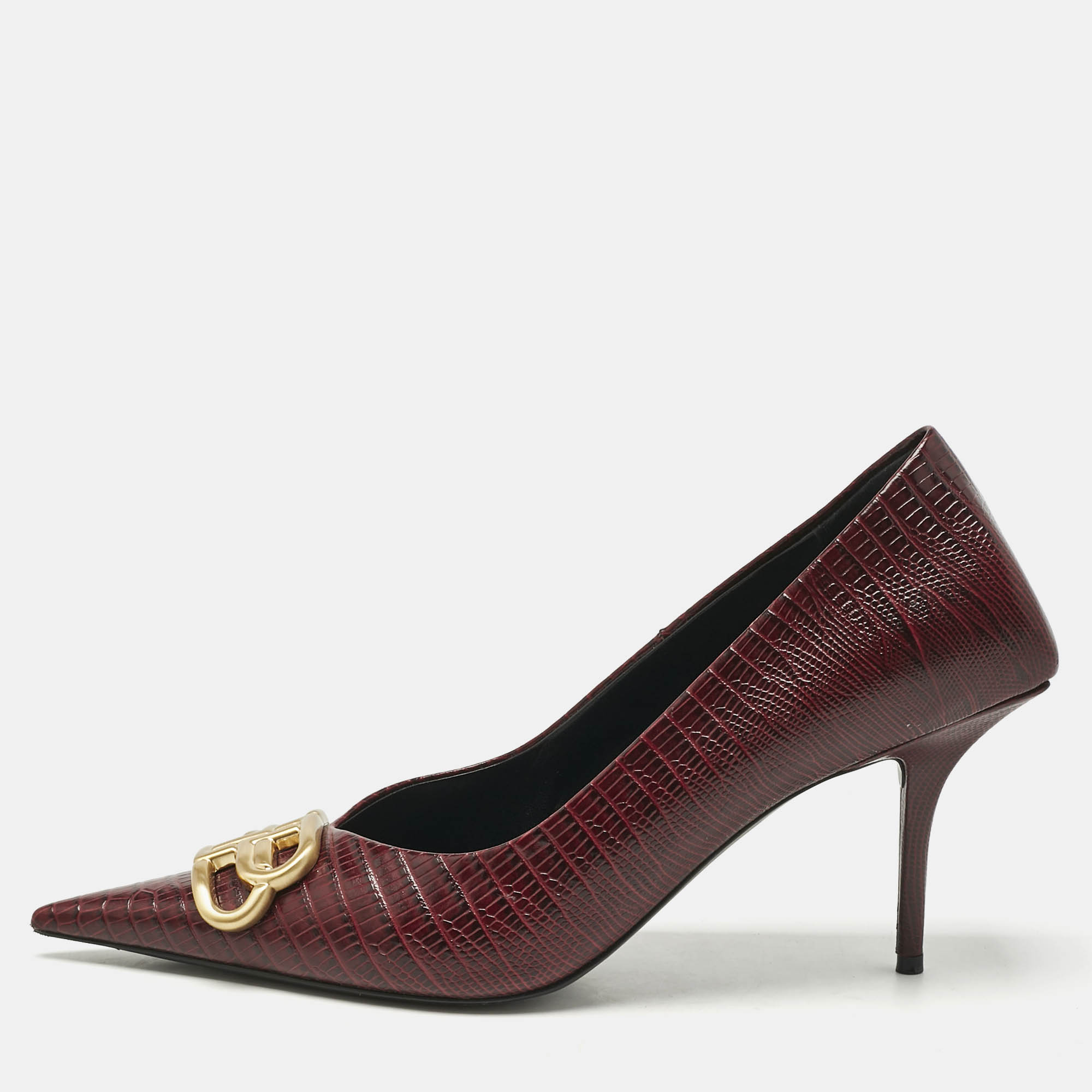 Pre Owned Balenciaga Burgundy Lizard Embossed Leather Knife BB Pumps Size 40