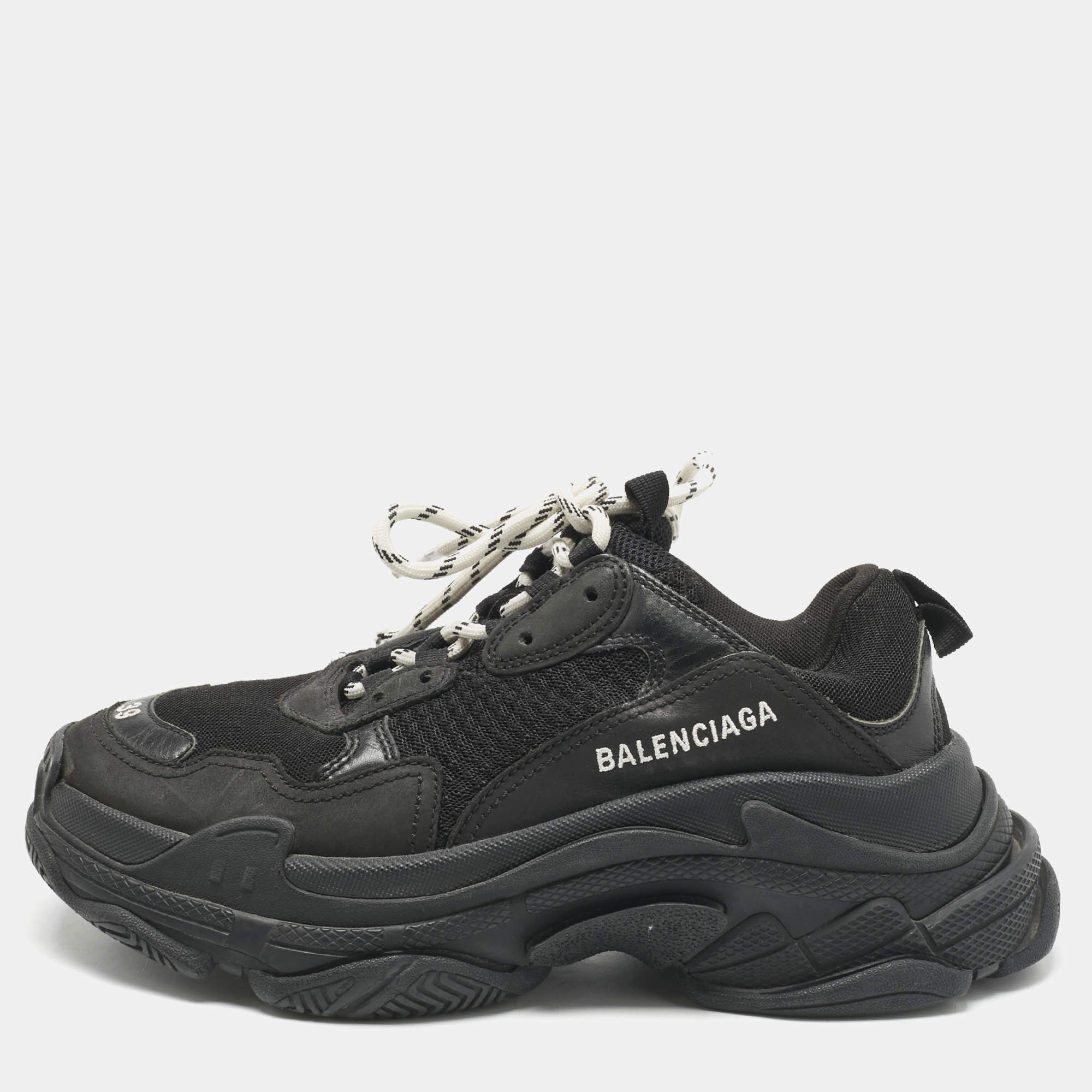 Pre Owned Balenciaga Black Leather and Mesh Triple S Sneakers Size 39