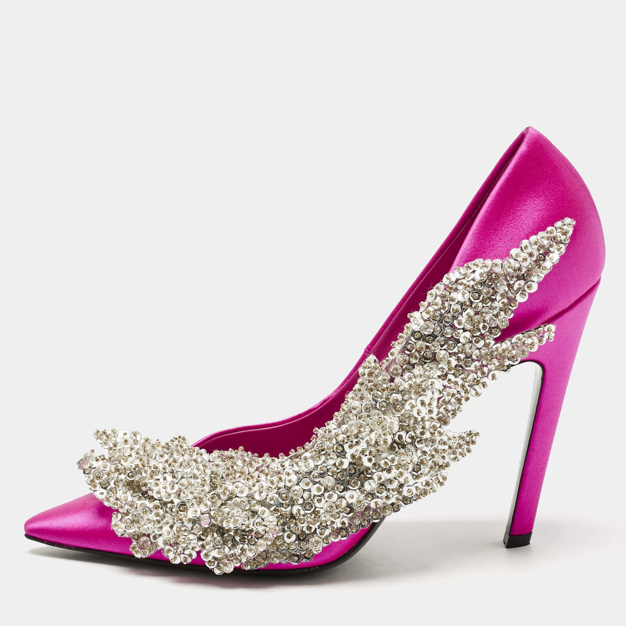 Pre Owned Balenciaga Pink Satin Sequins Embellished Slash Pumps Size 39