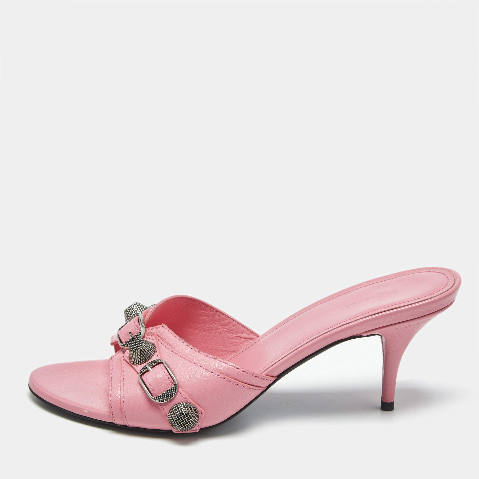 مملوكة مسبقًا Balenciaga Pink Leather Le Cagole Studded Slide Sandals Size 38