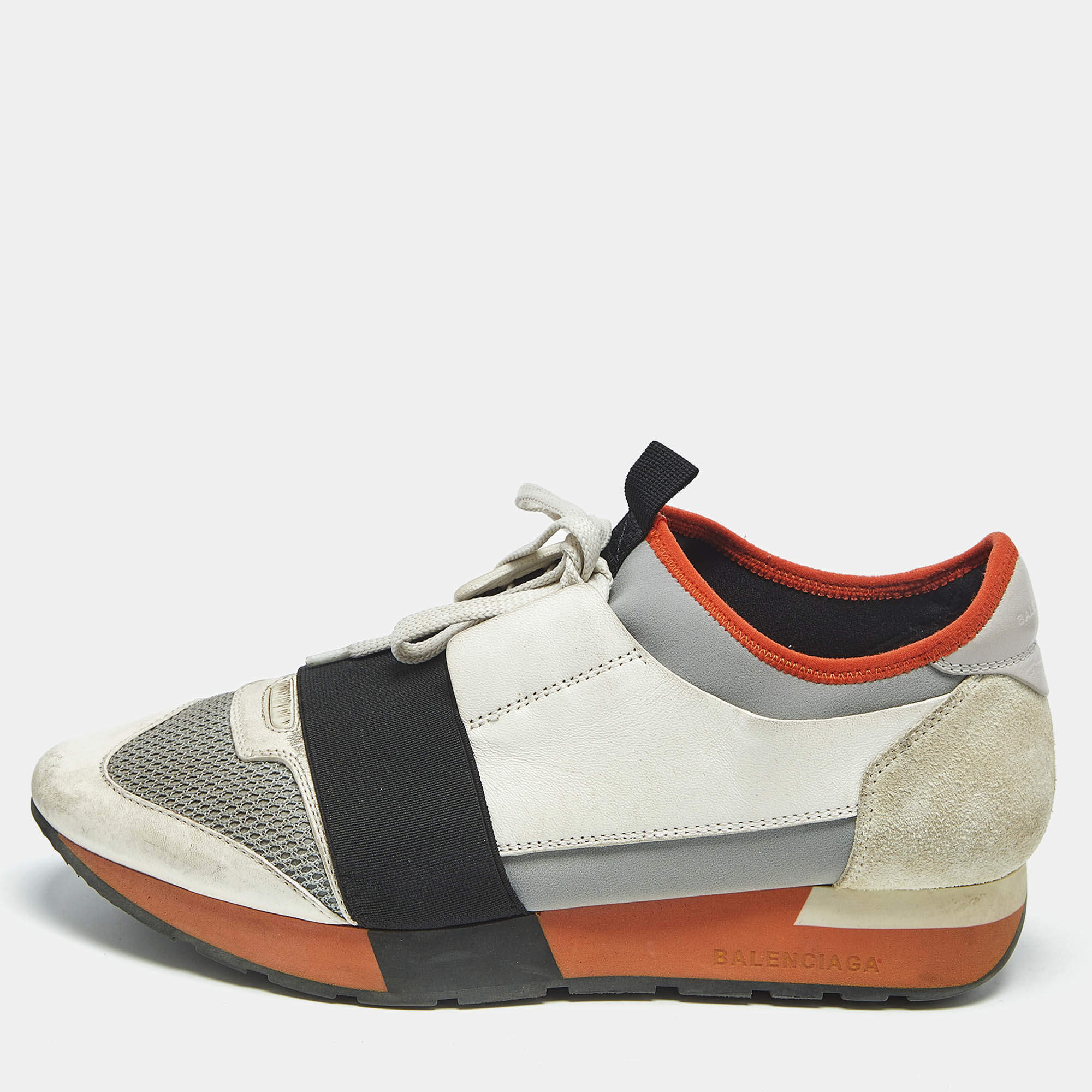 Pre Owned Balenciaga Muulticolor Leather and Knit Fabric Race Runner Low Top Sneakers Size 38