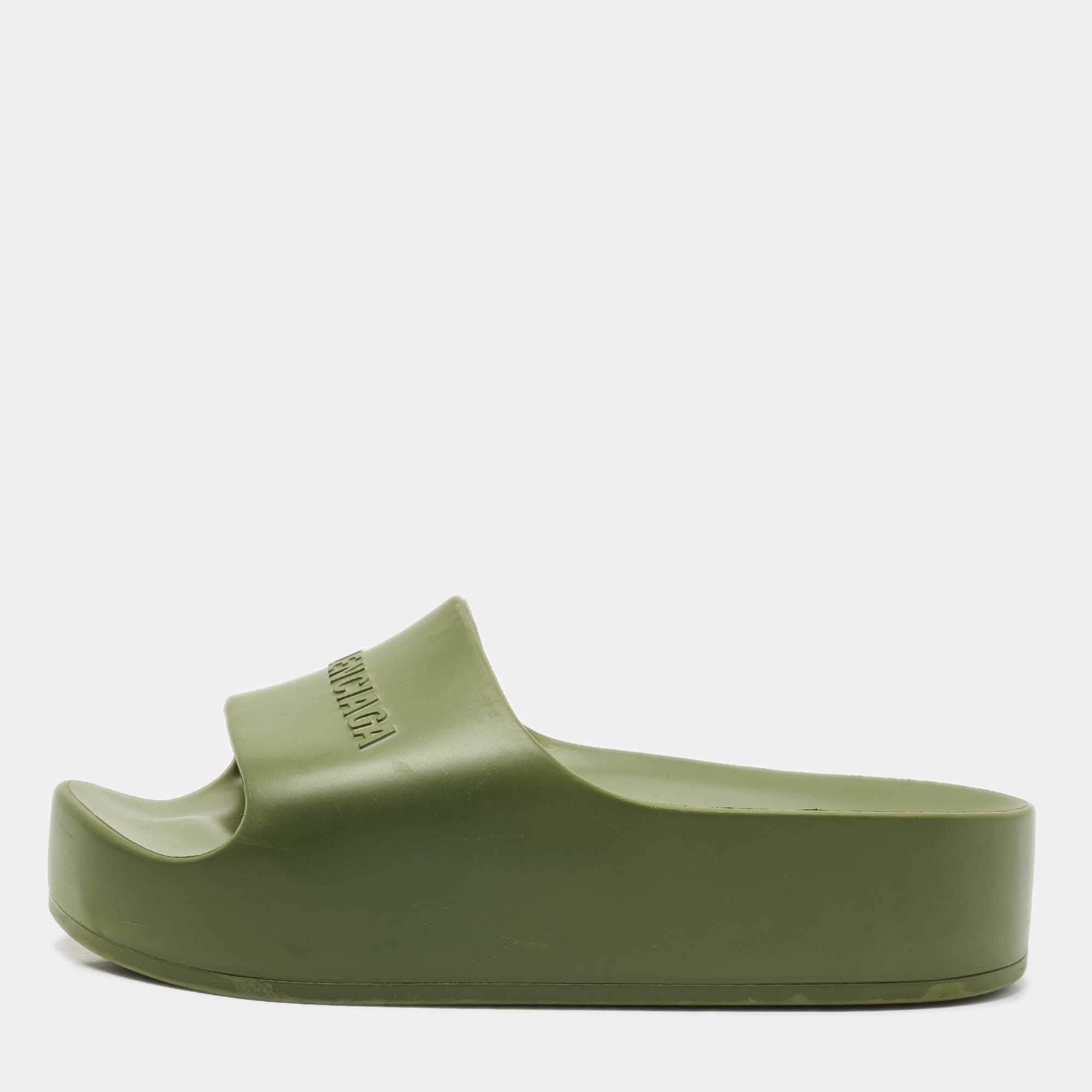 Pre Owned Balenciaga Dark Green Rubber Chunky Logo Pool Slides Size 38