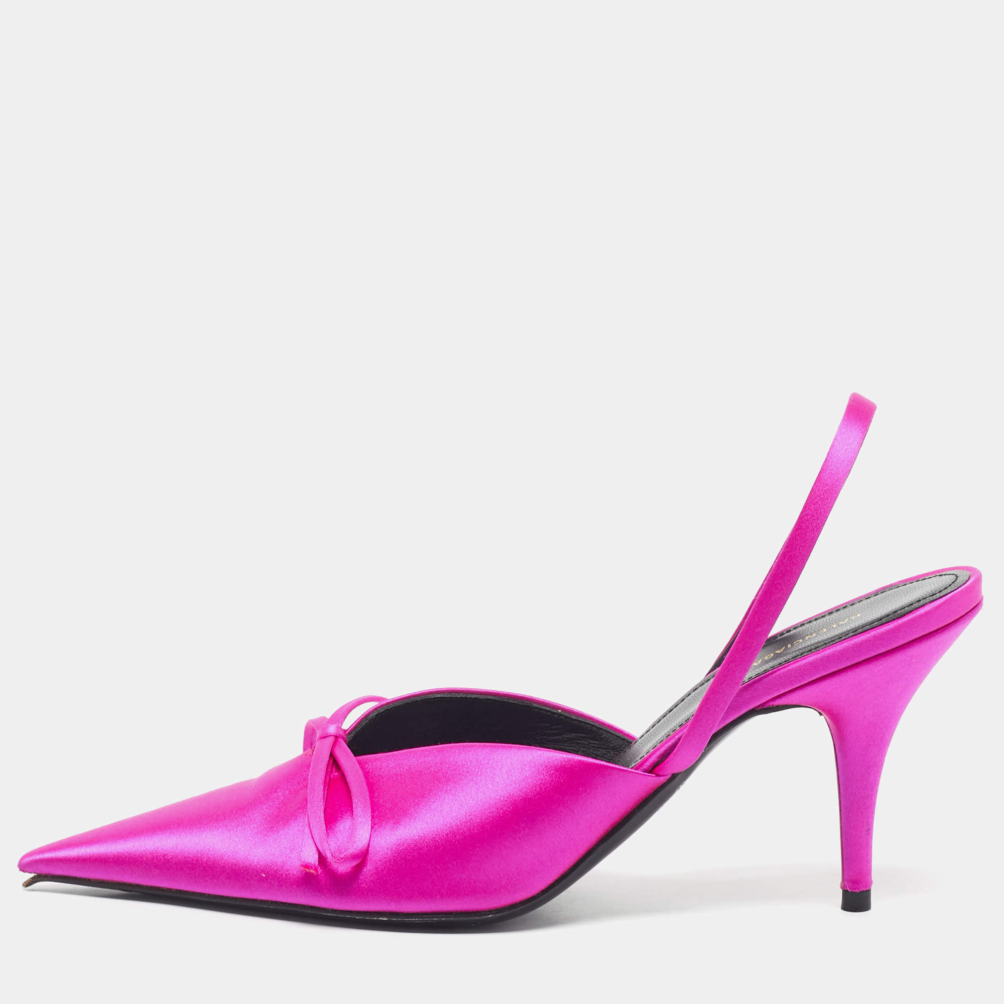 Pre Owned Balenciaga Fuchsia Satin Knife Bow Slingback Pumps Size 35.5