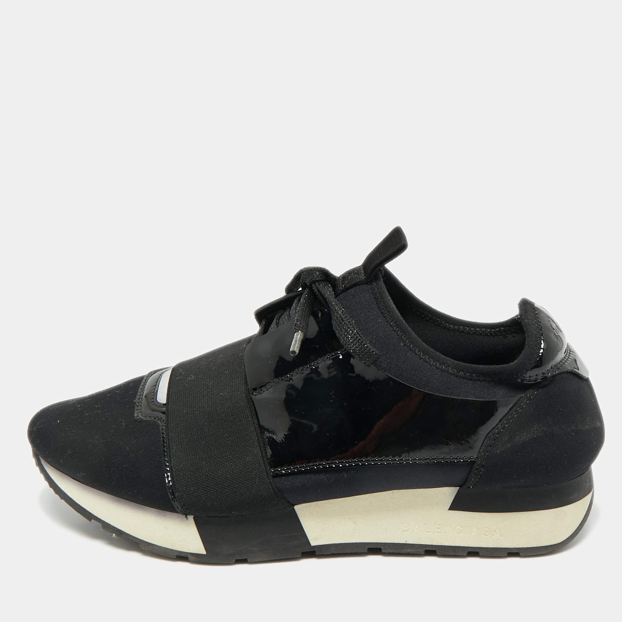 Pre Owned Balenciaga Black Nylon and Patent Leather Race Runner Lace Up Sneakers Size 38