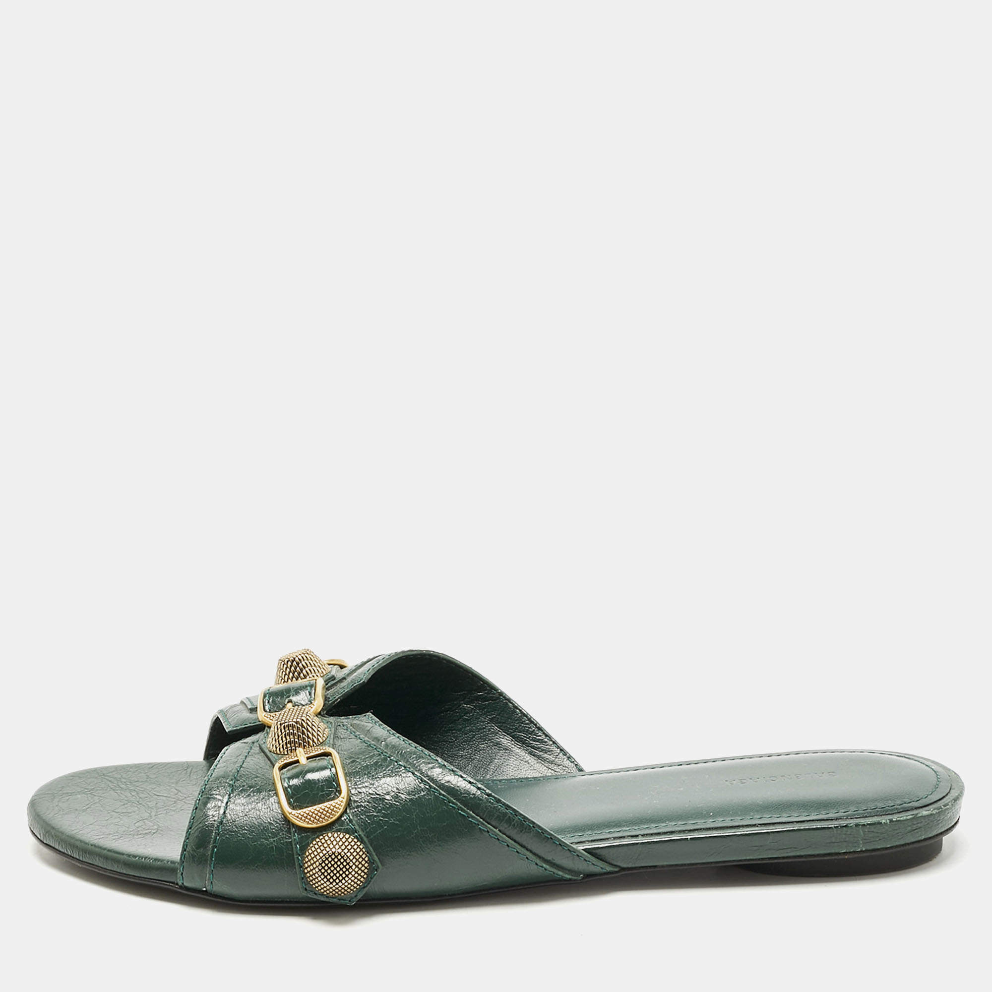 Pre Owned Balenciaga Green Leather Studded Cagole Flat Slides Size 38