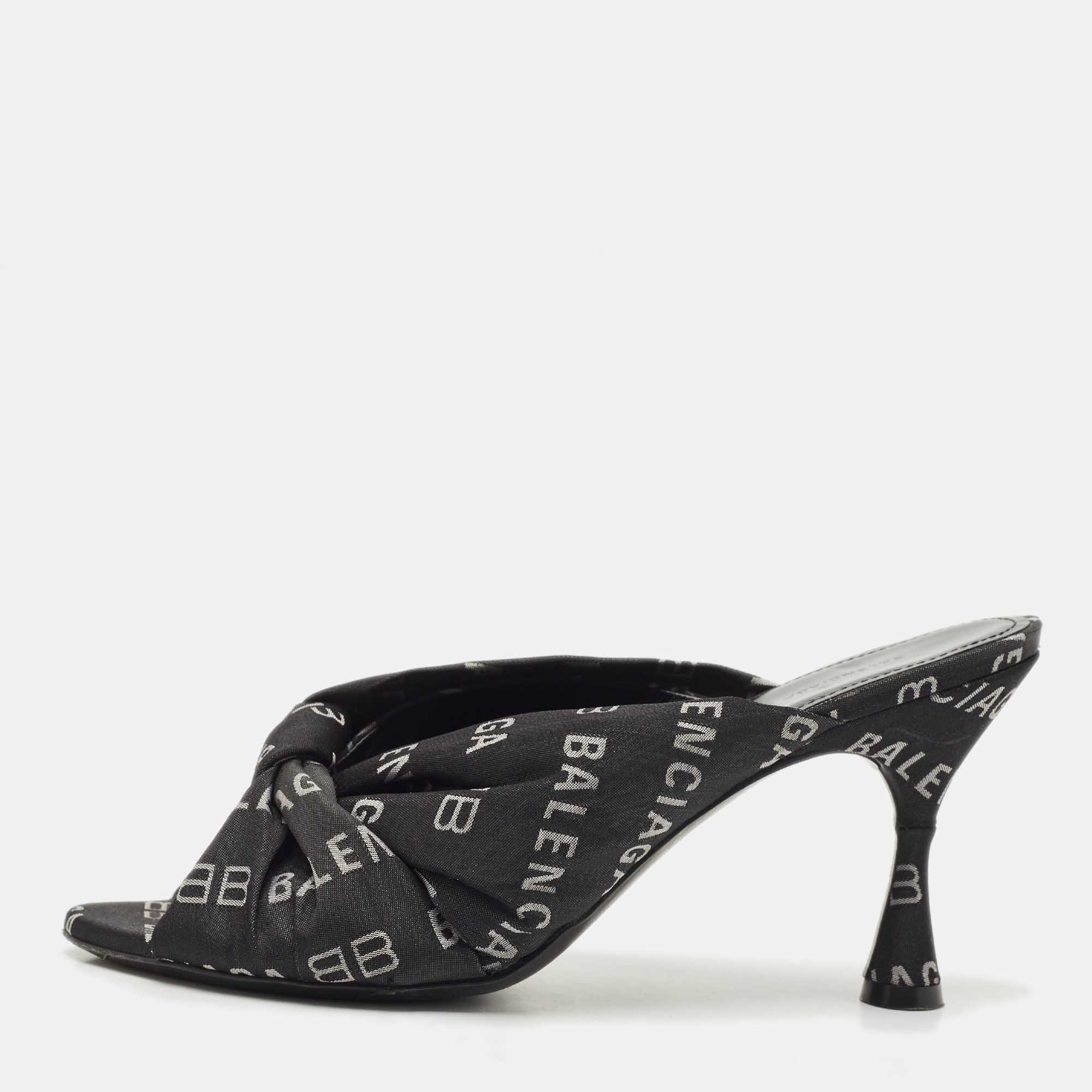 Pre Owned Balenciaga Black Fabric Logo Drapy Mules Size 38