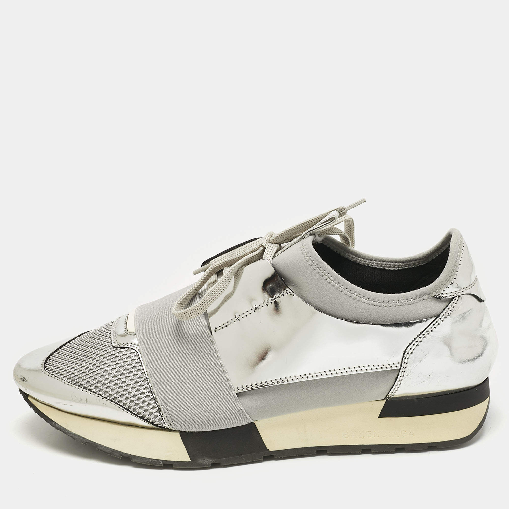 Pre Owned Balenciaga Grey/Silver Mesh And Leather Race Runner Sneakers Size 41