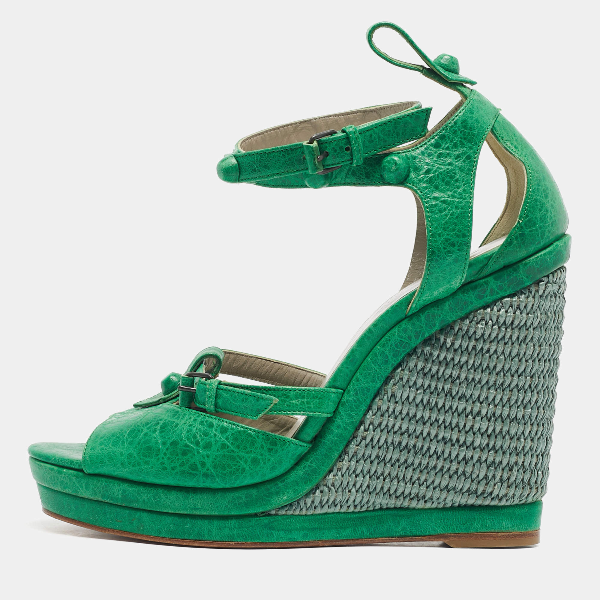 Pre Owned Balenciaga Green Leather Studded Wedge Sandals Size 40