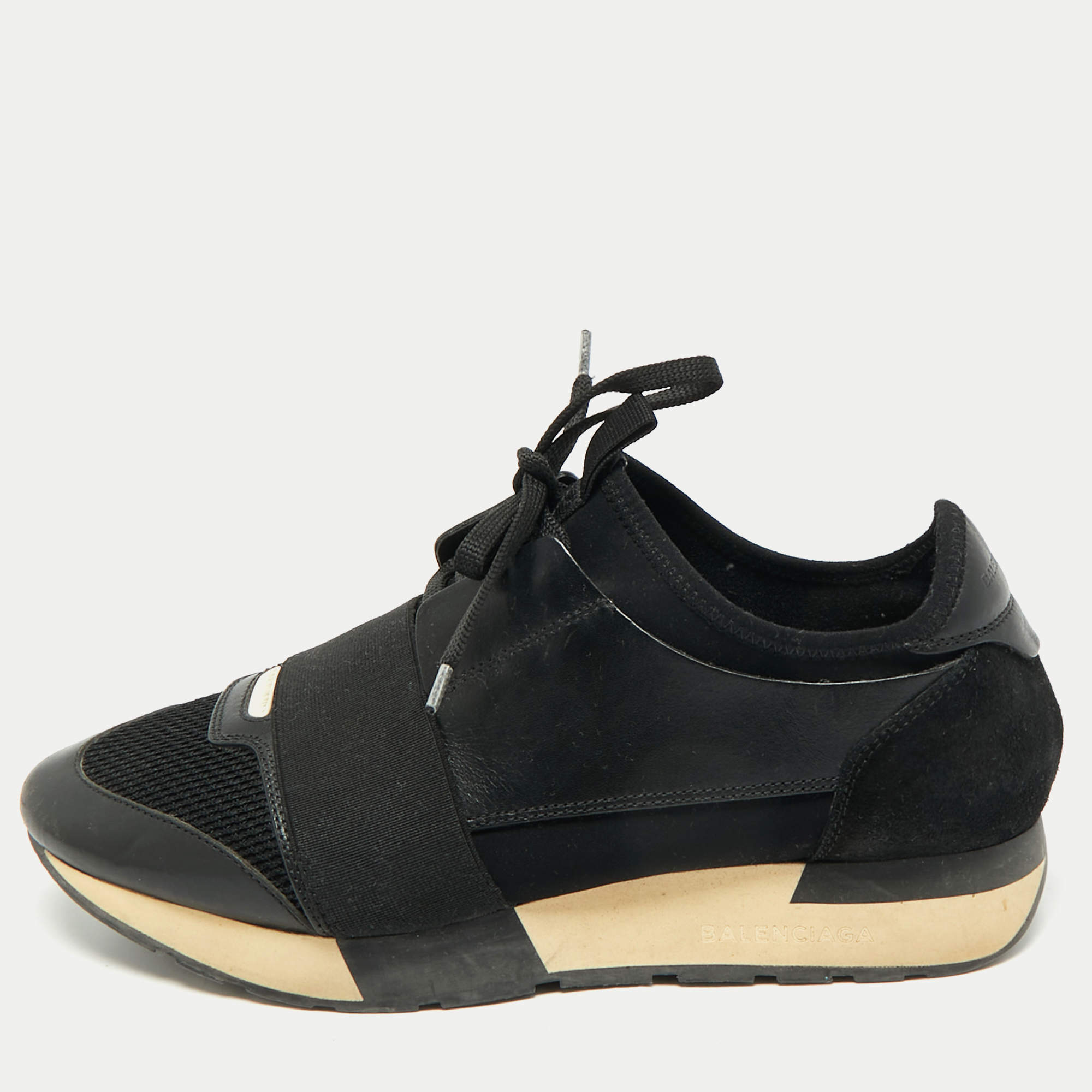 Pre Owned Balenciaga Black Leather and Mesh Race Runner Sneakers Size 38