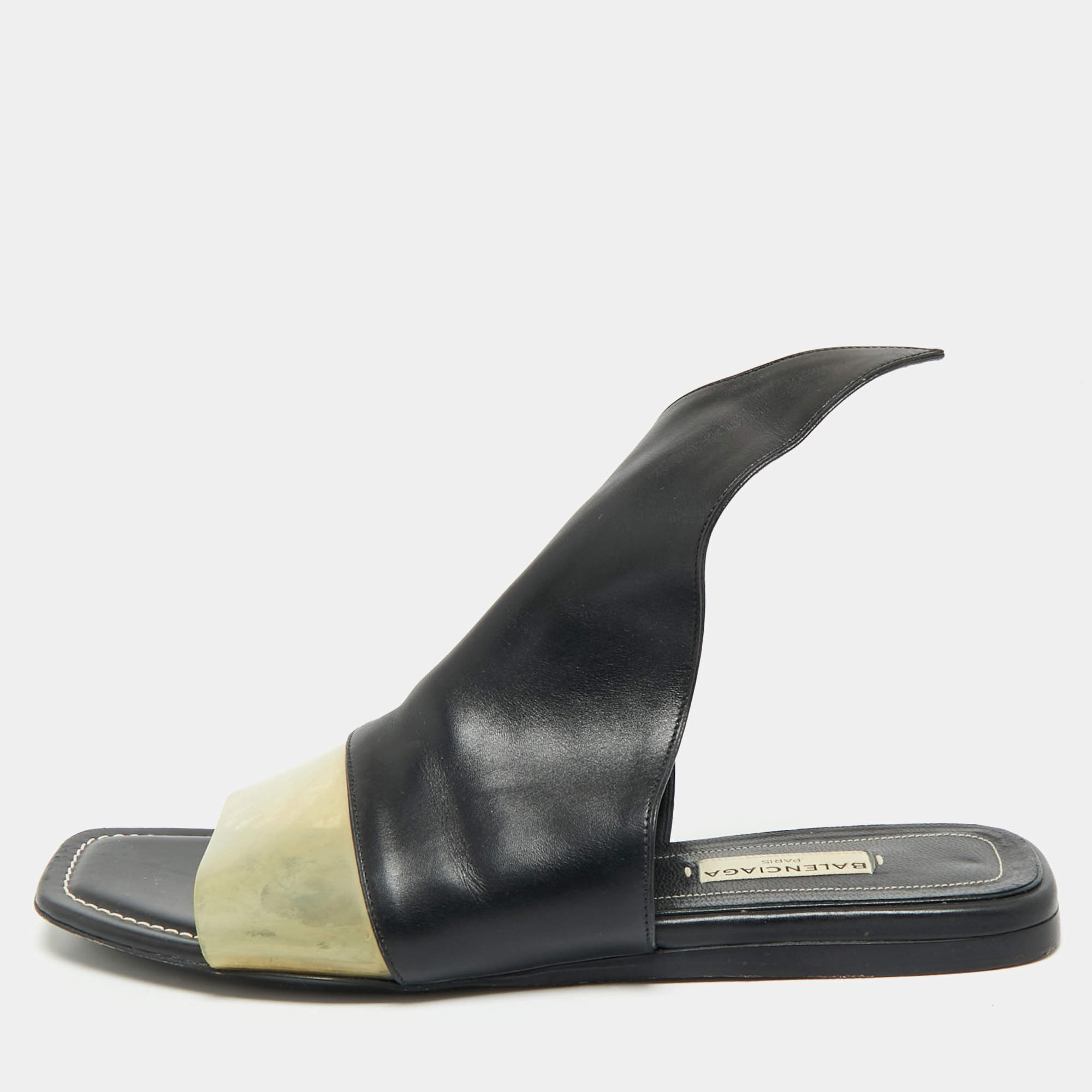 Pre Owned Balenciaga Brown/Transparent PVC and  Leather Slide Sandals Size 38