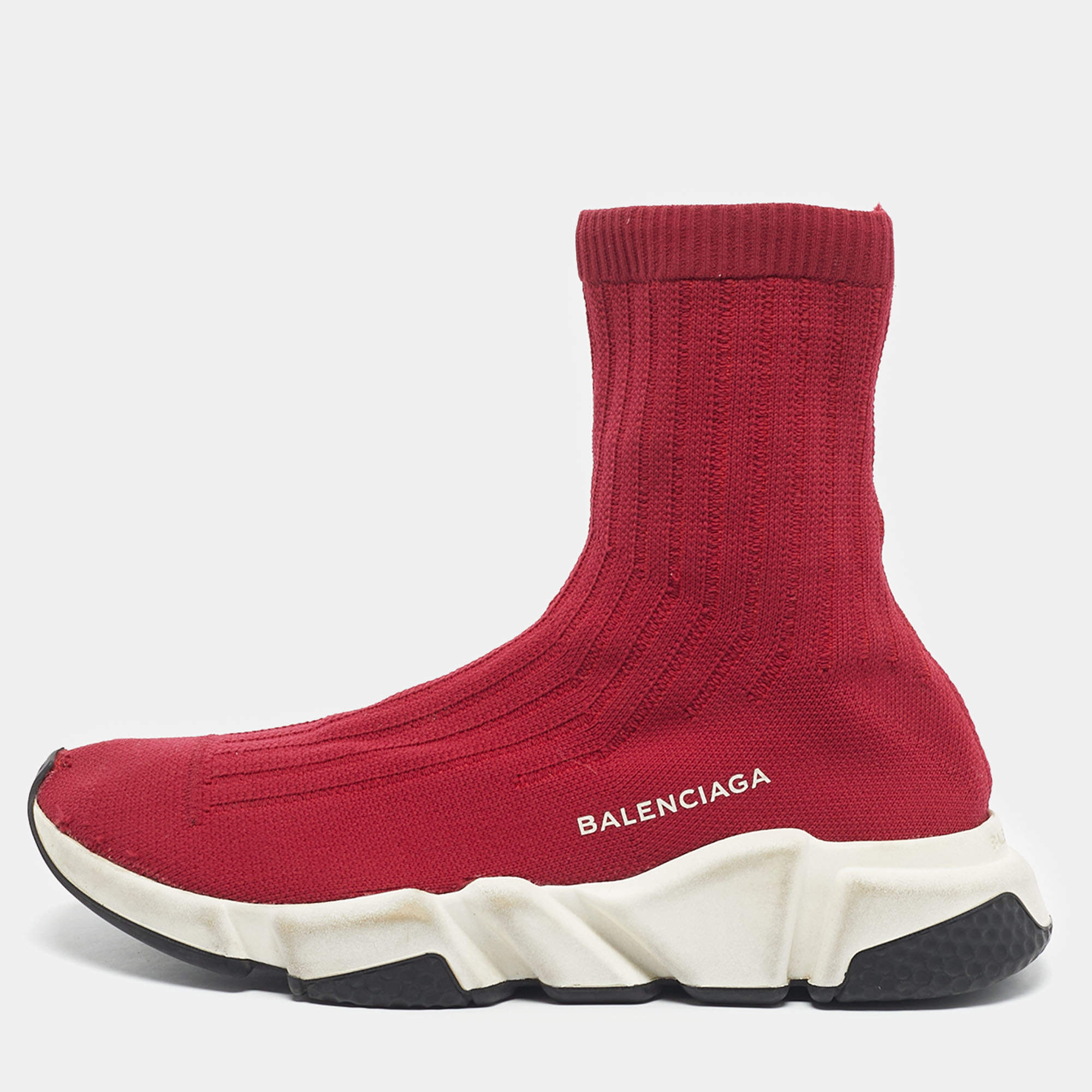 Pre Owned Balenciaga Red Knit Fabric Speed Trainer High Top Sneakers Size 39