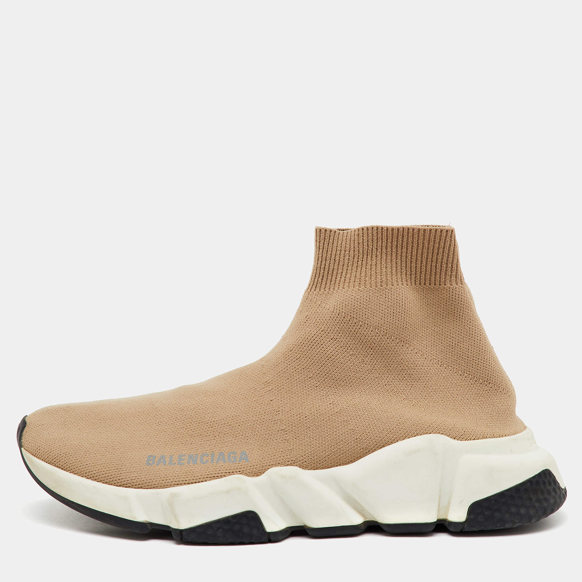 Pre Owned Balenciaga Beige Knit Fabric Speed Trainer High Top Sneakers Size 37