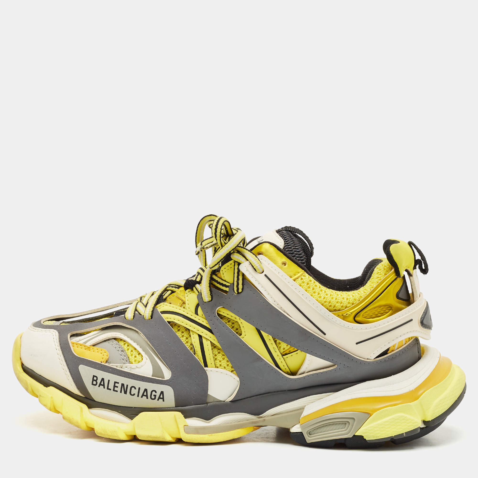 Pre Owned Balenciaga  Yellow/Grey Faux Leather and Mesh Track Low Top Sneakers Size 38