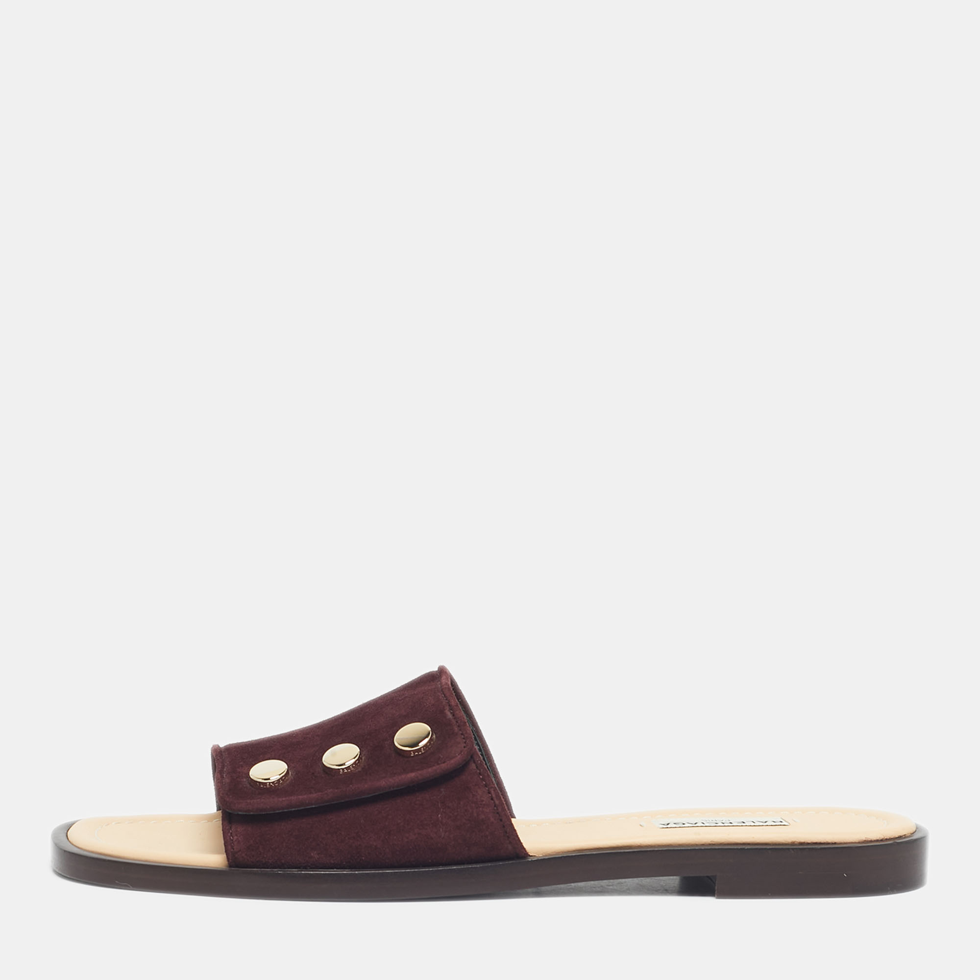 Pre Owned Balenciaga Burgundy Suede Studded Slide Flats Size 39