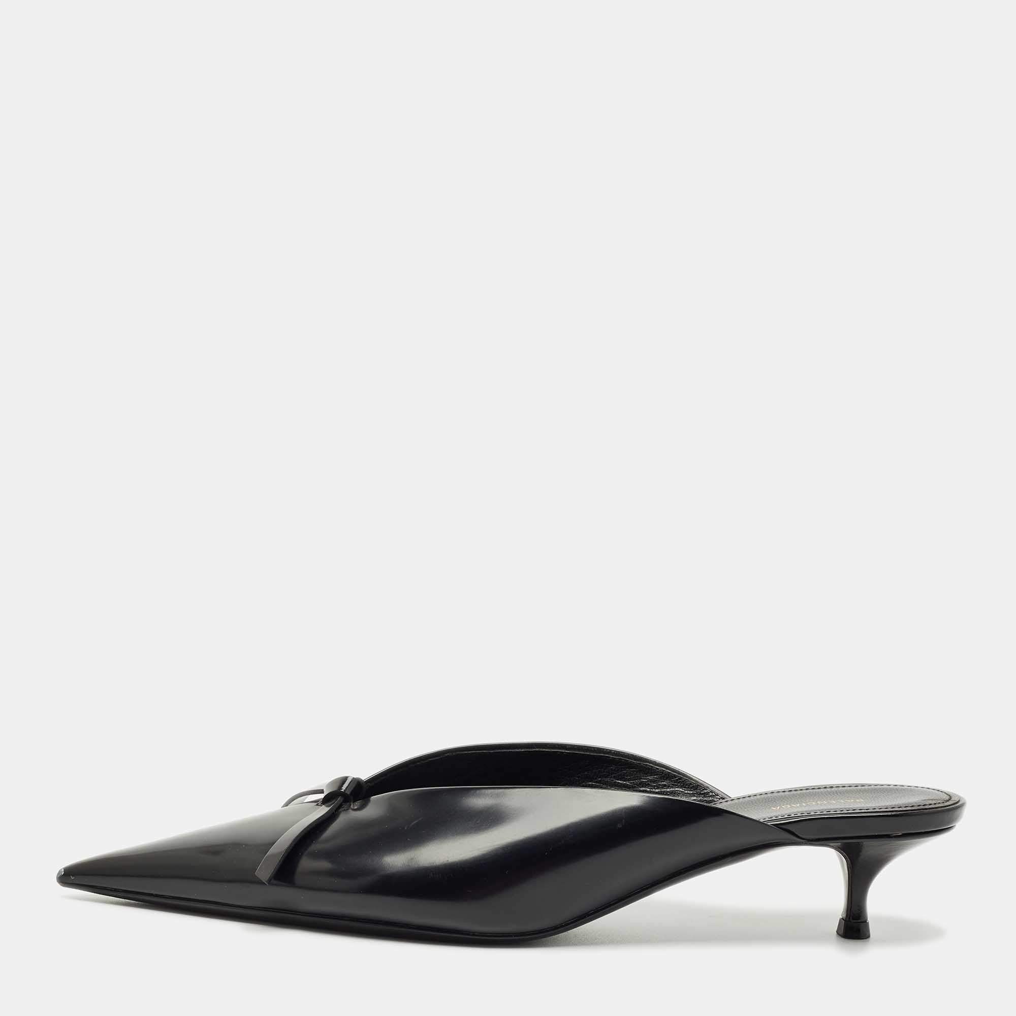 Pre Owned Balenciaga Black Leather Knife Kitten Heel Mules Size 39