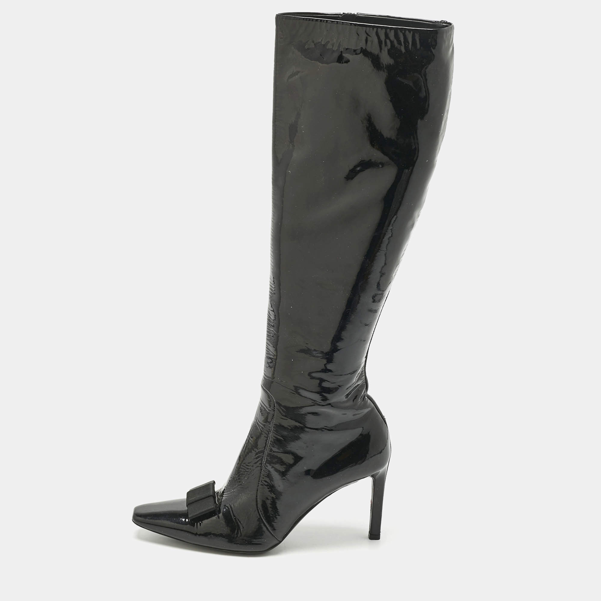 Pre Owned Balenciaga Black Patent Leather Bow Details Knee Length Boots Size 36