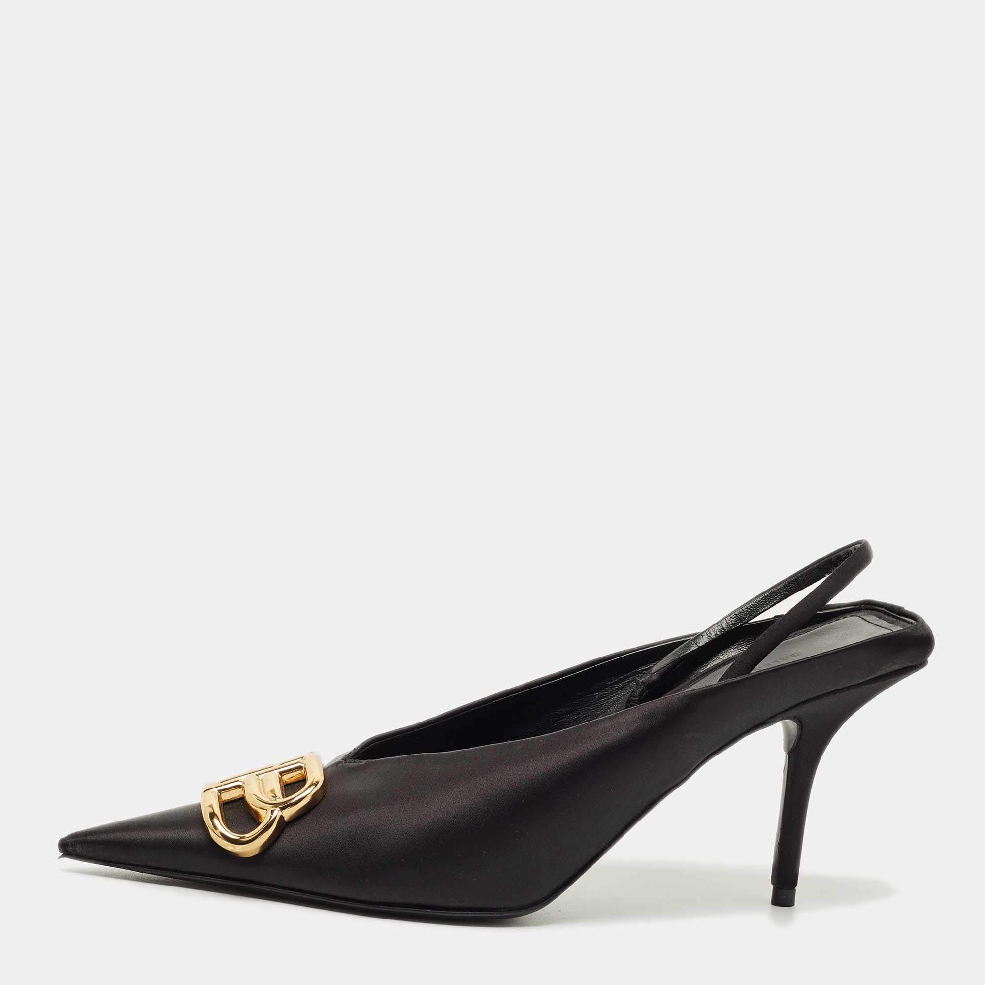 Pre Owned Balenciaga Black Satin Knife BB Slingback Pumps Size 36.5