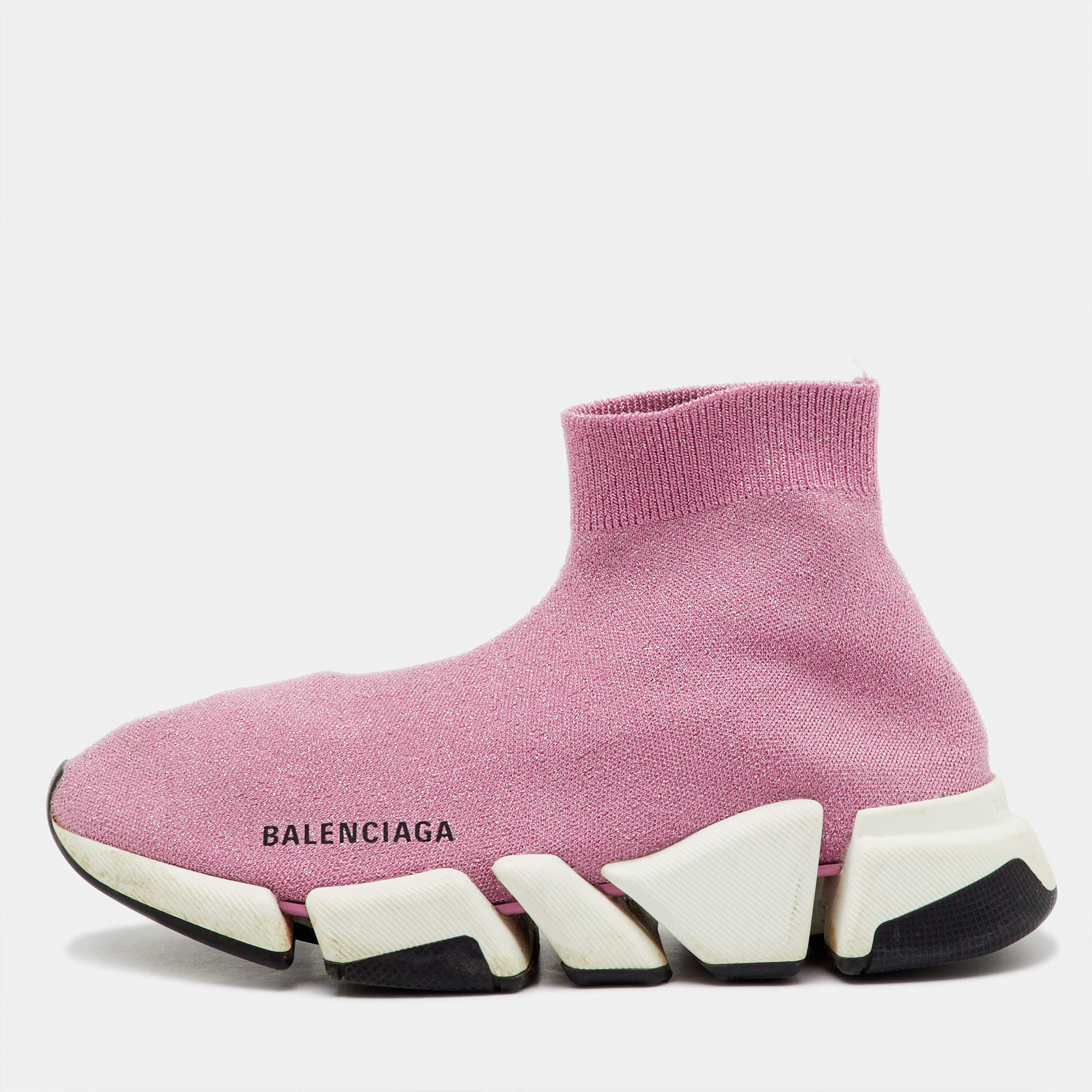 Pre Owned Balenciaga Metallic Pink Knit Fabric Speed Trainer Slip On Sneakers Size 37