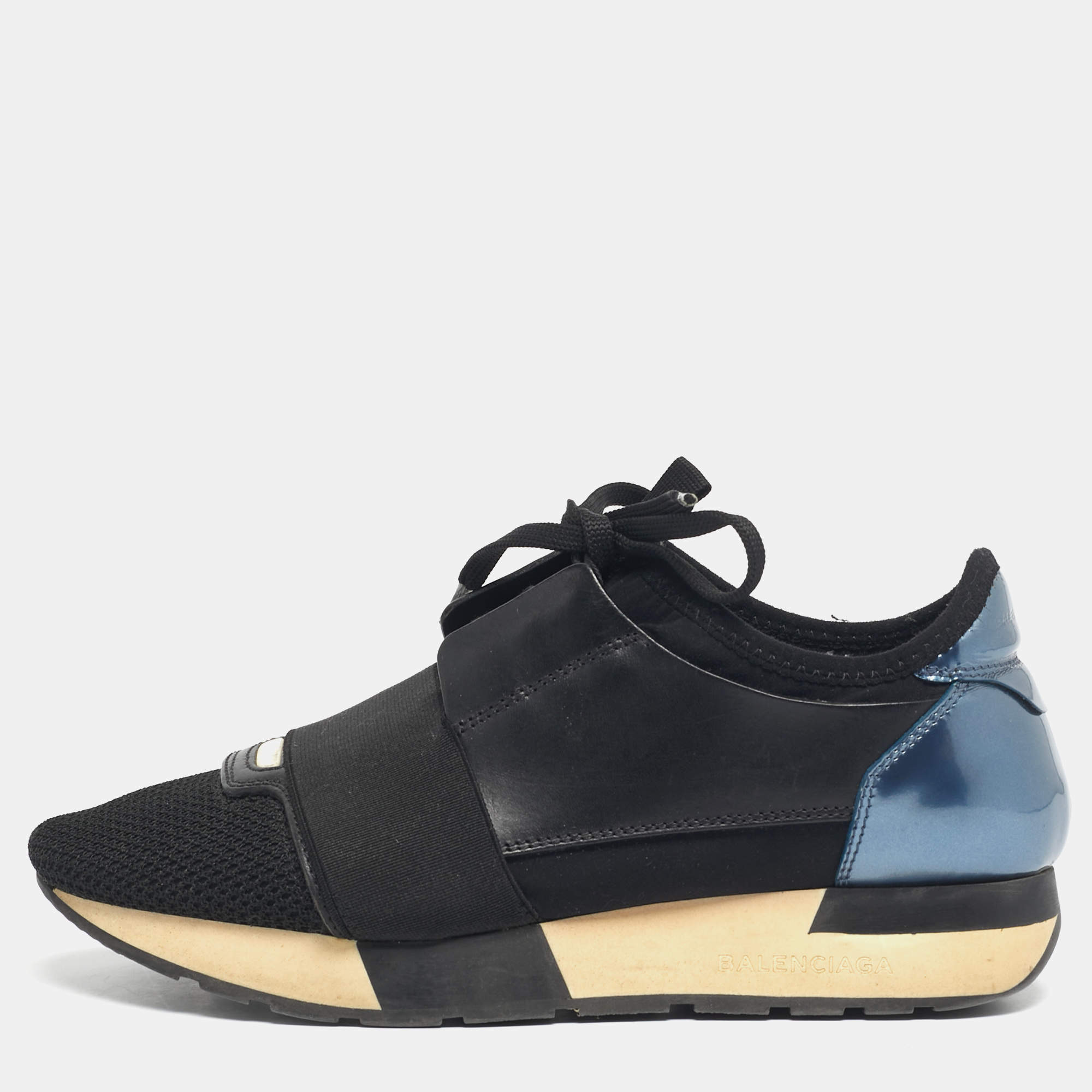 Pre Owned Balenciaga Black/Blue Mesh and Leather Race Runner Low Top Sneakers Size 36